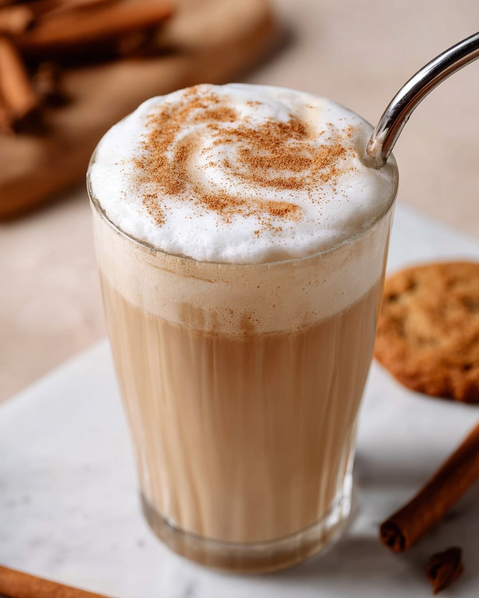 A clear glass filled with a creamy light brown drink has a thick layer of white foam on top, sprinkled with light brown cinnamon powder swirled gently into the foam; a shiny metal straw is placed on the right side, partially immersed in the foam. The glass is on a white marbled surface with blurred cinnamon sticks and a round brown cookie in the background, adding warm tones to the scene. photo taken with an iphone --ar 4:5 --v 7