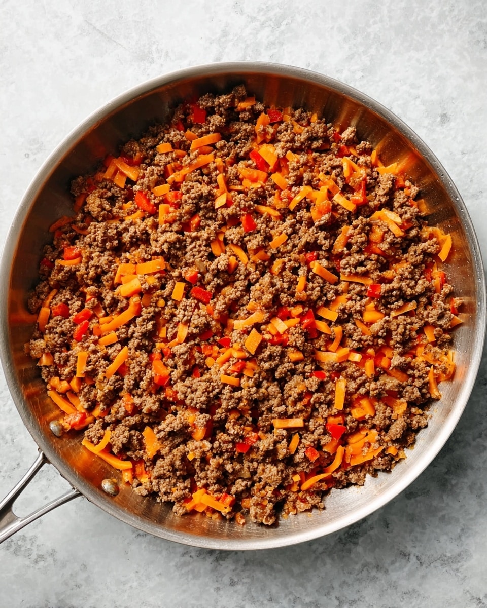 This image shows a close-up view of a single layer of cooked ground beef mixed with small orange-red diced bell peppers and thin orange carrot sticks, all resting evenly in a shiny silver pan with two handles visible on the left side; the beef looks crumbly and brown, while the vegetables add bright color contrast, and the pan is set on a white marbled surface. photo taken with an iphone --ar 4:5 --v 7