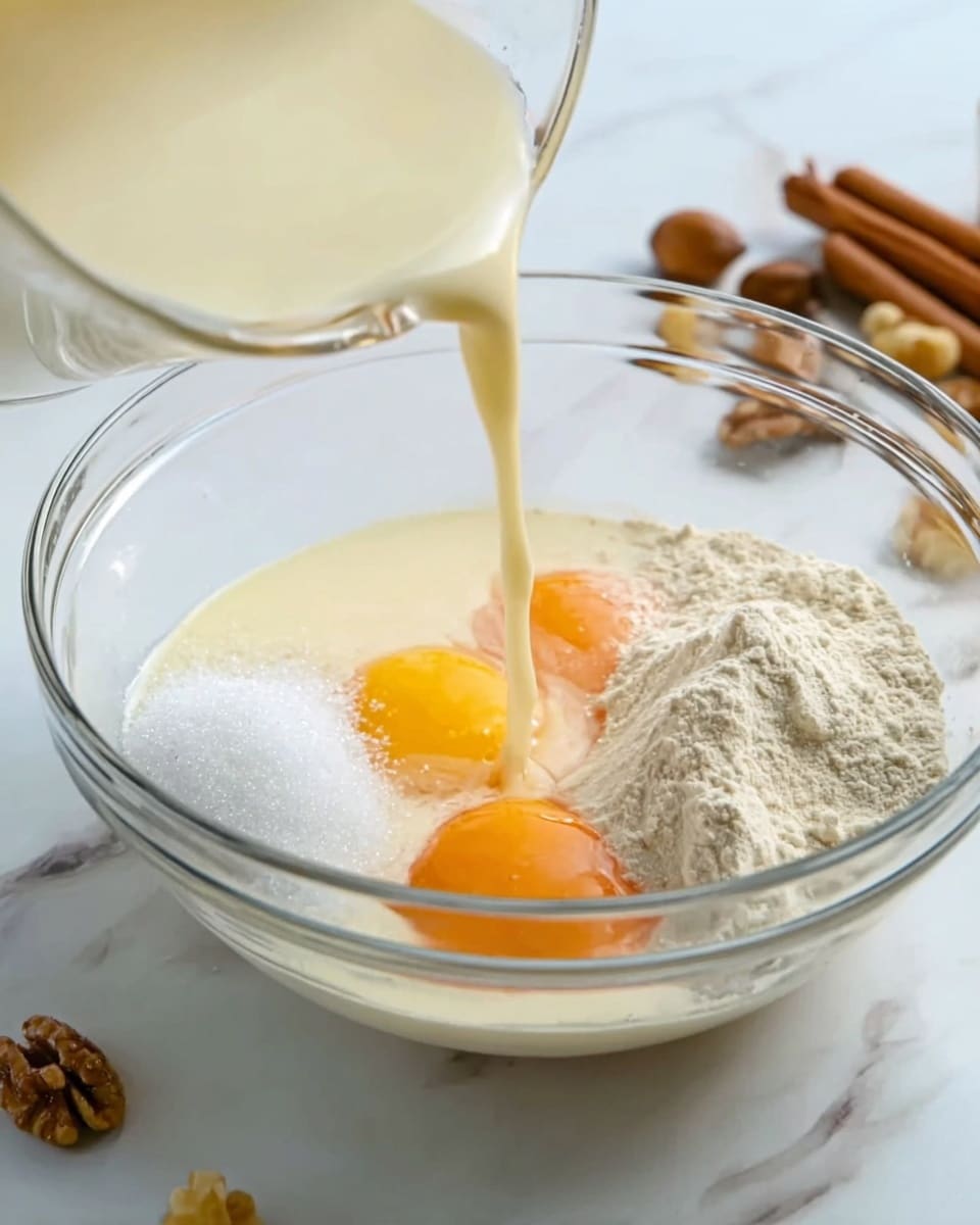 A clear glass bowl on a white marbled surface holds three main layers of ingredients: a base layer of two raw eggs with bright orange yolks, a side layer of granulated white sugar forming a small pile, and a slightly larger pile of white flour next to the sugar. Thick creamy liquid is being poured from a glass container into the bowl, partially covering the eggs and powder. In the background, a cinnamon stick and some nuts are slightly visible. Photo taken with an iphone --ar 4:5 --v 7