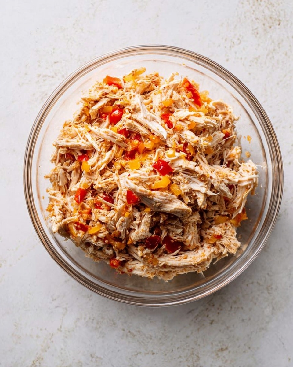 The image shows a clear glass bowl placed on a white marbled surface, filled with a mixture of shredded white chicken and small pieces of red and yellow bell peppers. The chicken looks tender and mixed with spices that give it a slightly brownish tint, and the colorful bell peppers add a vibrant contrast. The texture appears soft but slightly fibrous from the shredded chicken, with the bell peppers adding small chunks scattered evenly throughout. There is only one layer visible inside the bowl, which is the mixed chicken and peppers. The photo taken with an iphone --ar 4:5 --v 7