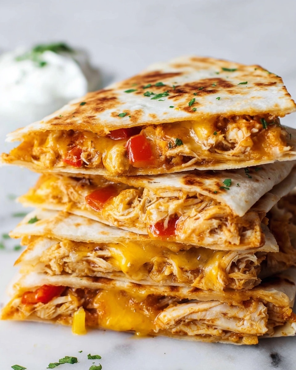 A stack of five folded quesadilla slices is shown close up, each layer filled with melted yellow cheese, shredded light brown chicken, and small pieces of red and yellow bell peppers visible throughout. The tortillas are golden brown and slightly crispy on the outside. The stack rests on a white marbled surface. In the background, there is a small dollop of white sour cream topped with green herbs. Photo taken with an iphone --ar 4:5 --v 7