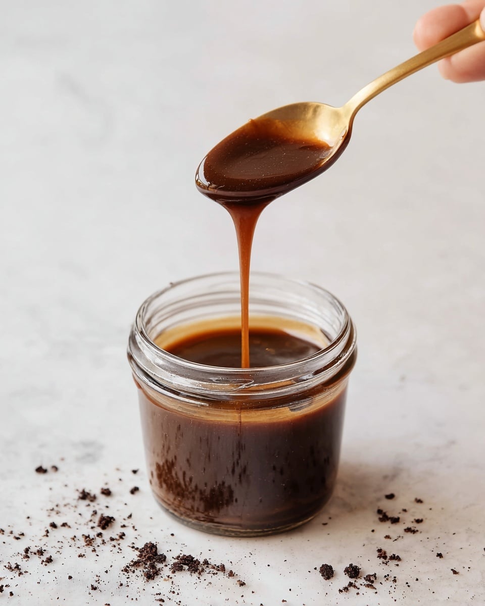 The image shows a small clear glass jar filled with thick, dark brown sauce. A gold spoon is held above the jar by a woman's hand, dripping the same dark brown sauce back into the jar. The sauce has a smooth, shiny texture, and the background is a white marbled surface with dark crumbs scattered around. photo taken with an iphone --ar 4:5 --v 7