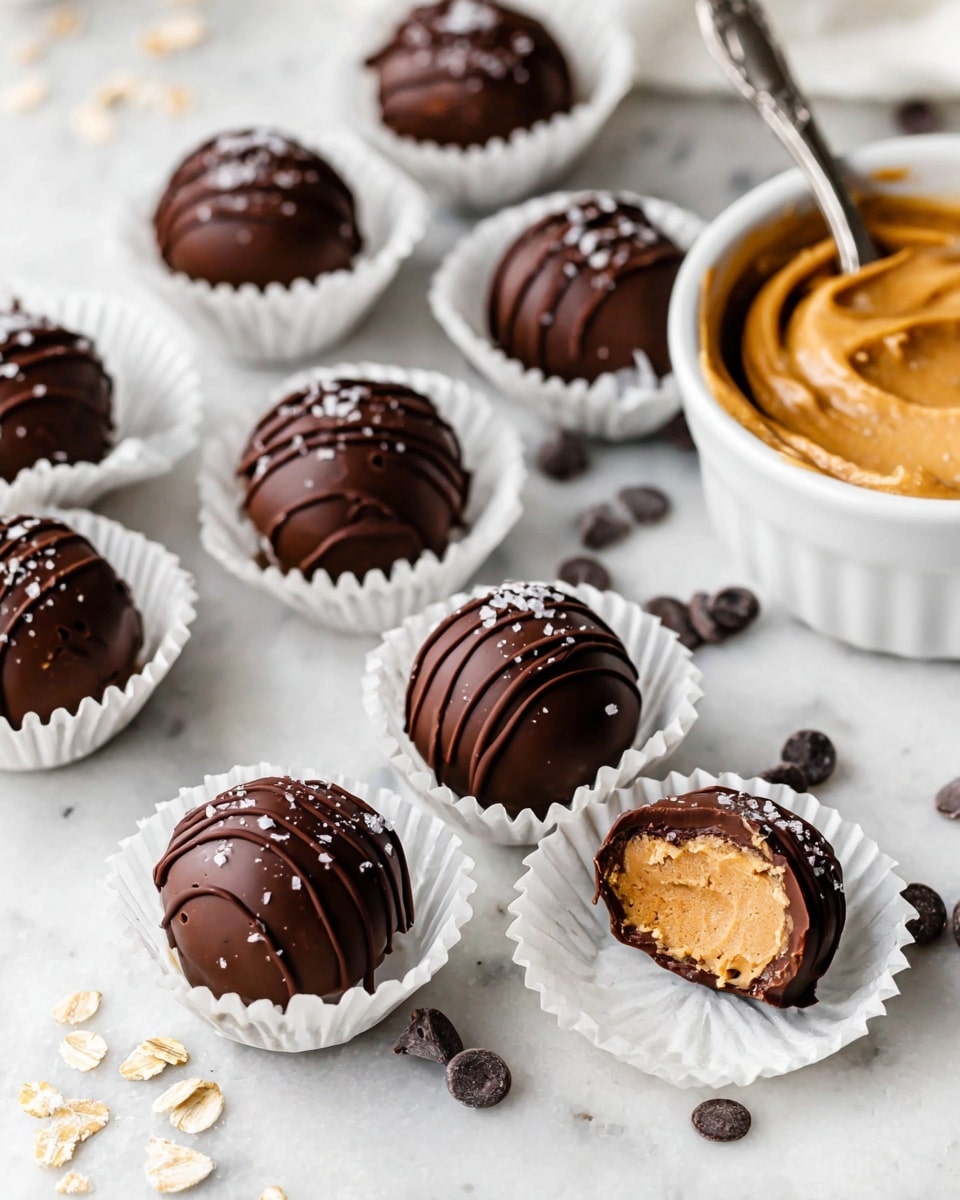 The image shows several round chocolate balls placed in white paper cups on a white marbled surface. Each ball is dark brown with a smooth, shiny chocolate coating and has thin chocolate lines drizzled on top. A few chocolate balls are sprinkled with coarse white salt. One ball is cut in half on top of its paper cup, showing a light brown, creamy peanut butter layer inside. In the background, there is a white bowl filled with creamy light brown peanut butter with a silver spoon inside. Scattered around are small dark chocolate chips and some oats. Photo taken with an iphone --ar 4:5 --v 7