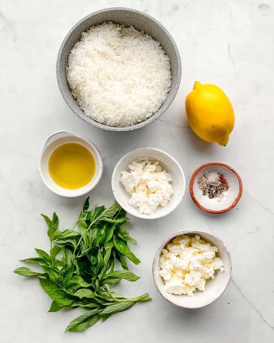 The image shows six ingredients arranged neatly on a white marbled surface. At the top center is a grey pot filled with white cooked rice. To the right of the pot is a small white bowl with a yellow lemon placed inside. Below the lemon, there is a small white bowl filled with crumbly white cheese. To the left, a small white bowl contains golden liquid olive oil, and next to it is a small reddish-brown bowl with salt and black pepper. At the bottom left, a bunch of fresh green herbs lies flat on the surface. photo taken with an iphone --ar 4:5 --v 7