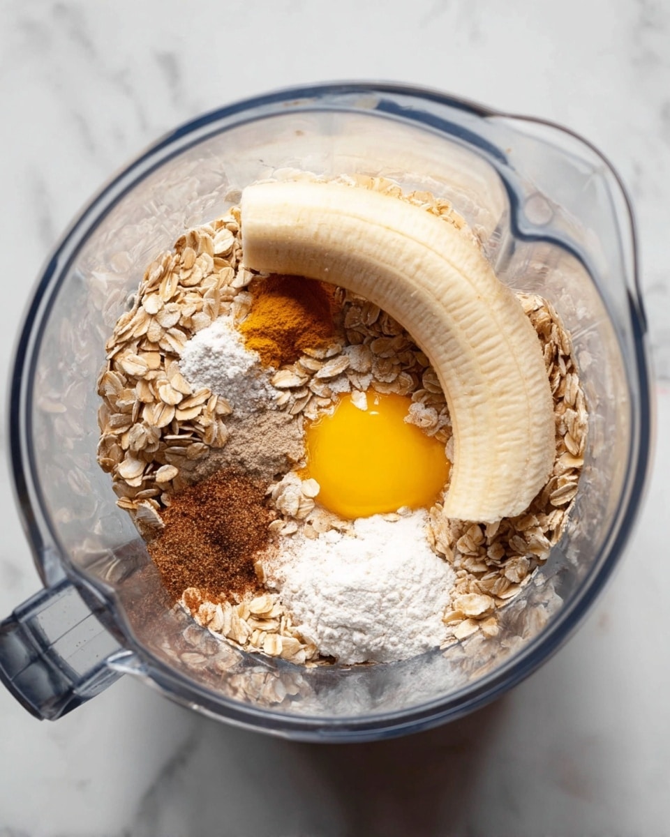 Inside a clear blender jar, there are five visible layers of ingredients: the bottom layer is light brown rolled oats with a rough texture; on top of that is a scattering of dark brown ground spice; next is a white powdery layer of flour or baking powder partly covering the oats; above that is a bright yellow raw egg yolk beside a smaller amount of egg white; finally, on the top is a whole peeled banana with a pale yellow color, resting diagonally. The blender sits on a white marbled surface. Photo taken with an iphone --ar 4:5 --v 7