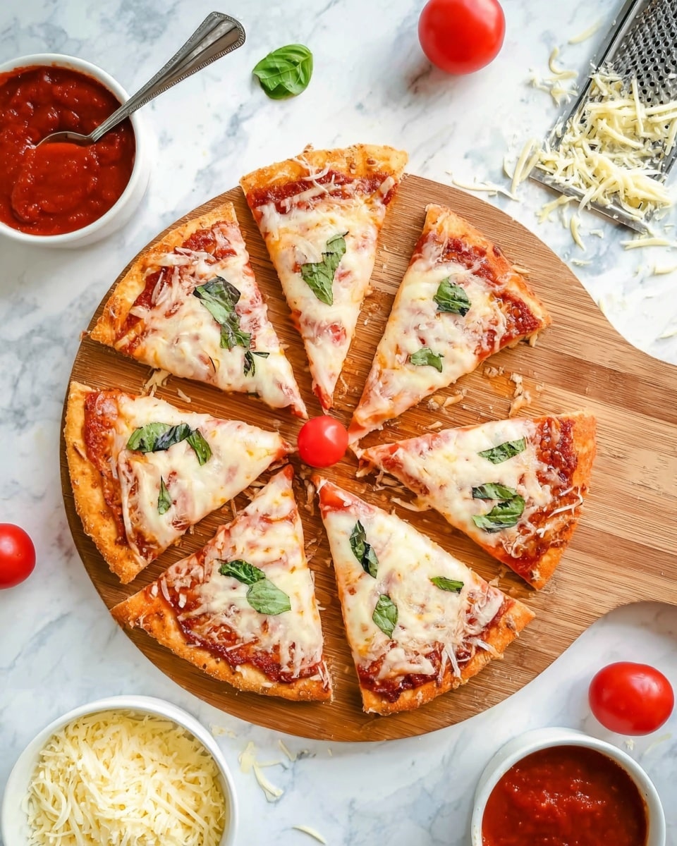 The image shows a pizza cut into eight slices arranged in a circle on a wooden board. Each slice has a golden crust base, a layer of red tomato sauce beneath a layer of melted mild white cheese. On top of each slice, there are pieces of fresh green basil scattered and a half slice of cherry tomato placed near the center. The wooden board is on a white marbled surface, and around the pizza, there are three whole cherry tomatoes, a white bowl with red tomato sauce and a silver spoon inside, shredded cheese scattered, and part of another white bowl with shredded cheese visible. The overall look is bright, fresh, and inviting. Photo taken with an iphone --ar 4:5 --v 7