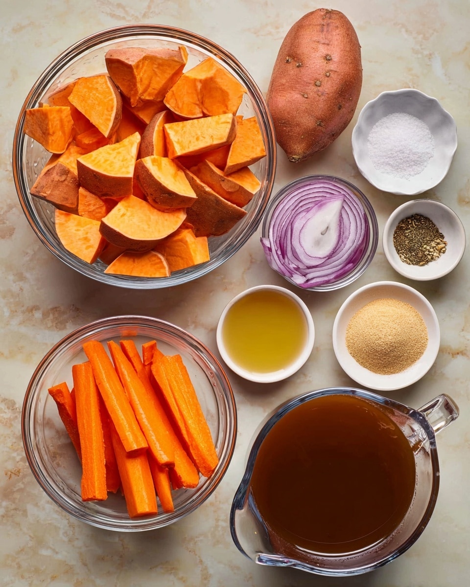 The image shows several clear glass bowls and small white bowls arranged on a white marbled surface. One large clear bowl is filled with thick, irregular chunks of orange sweet potato with skin on, positioned at the top left. Below it, another clear bowl contains several bright orange baby carrots. To the right are small white bowls holding sliced purple onion, light brown liquid, clear pale yellow liquid, and light beige powder. Two small clear bowls hold white salt crystals and black pepper. At the bottom right, a large clear measuring cup is filled with dark brown broth. The arrangement is neat and colorful with a natural light setting photo taken with an iphone --ar 4:5 --v 7