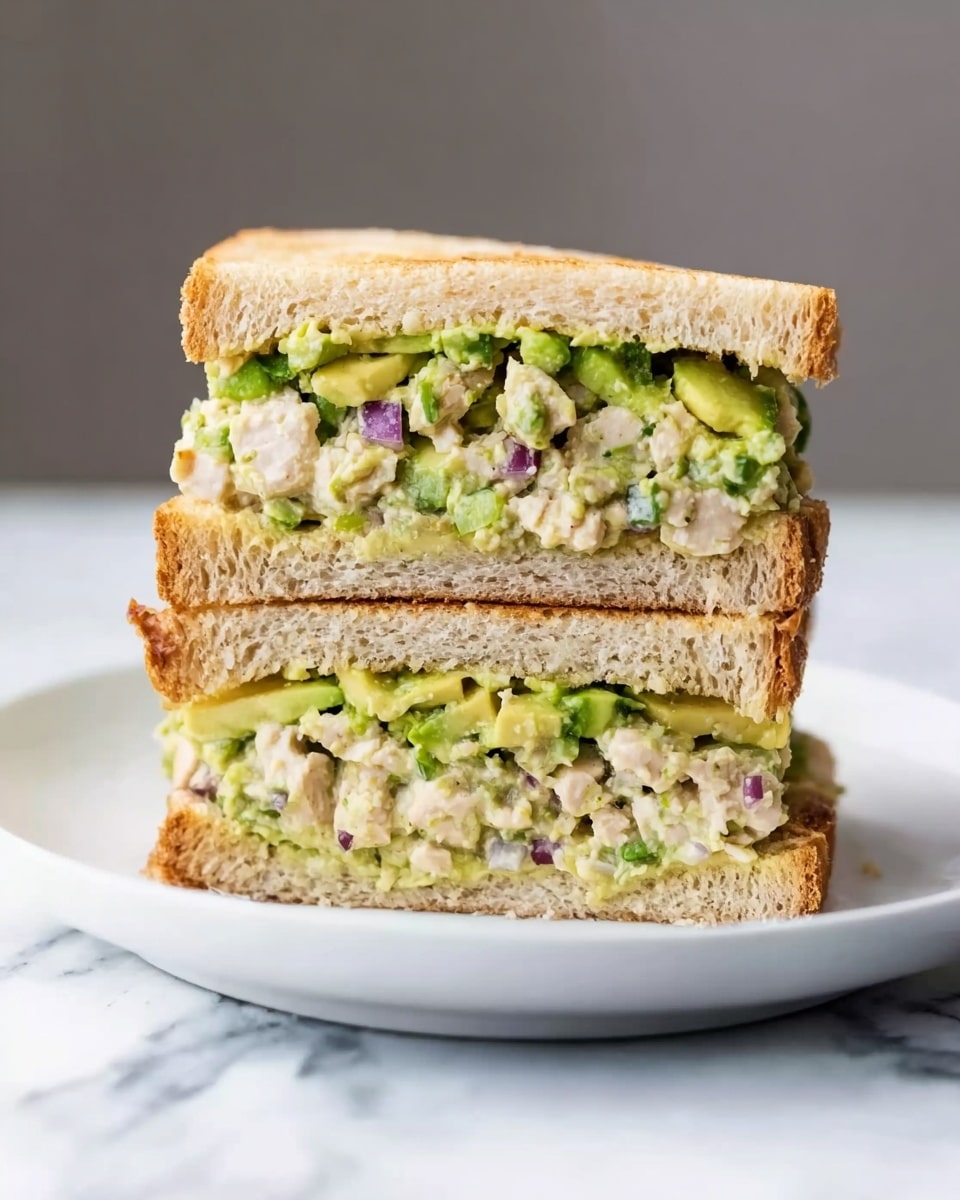 The image shows a sandwich cut in half and stacked vertically on a white plate, placed on a white marbled surface. The sandwich has two thick slices of light brown toasted bread with a slightly crisp texture. Inside, there are two visible layers of filling made from small pieces of pale green avocado mixed with light beige chunks of chicken and bits of purple onion, creating a chunky, fresh look. At the top, there is a thin layer of raw avocado, adding a creamy bright green contrast. Photo taken with an iphone --ar 4:5 --v 7