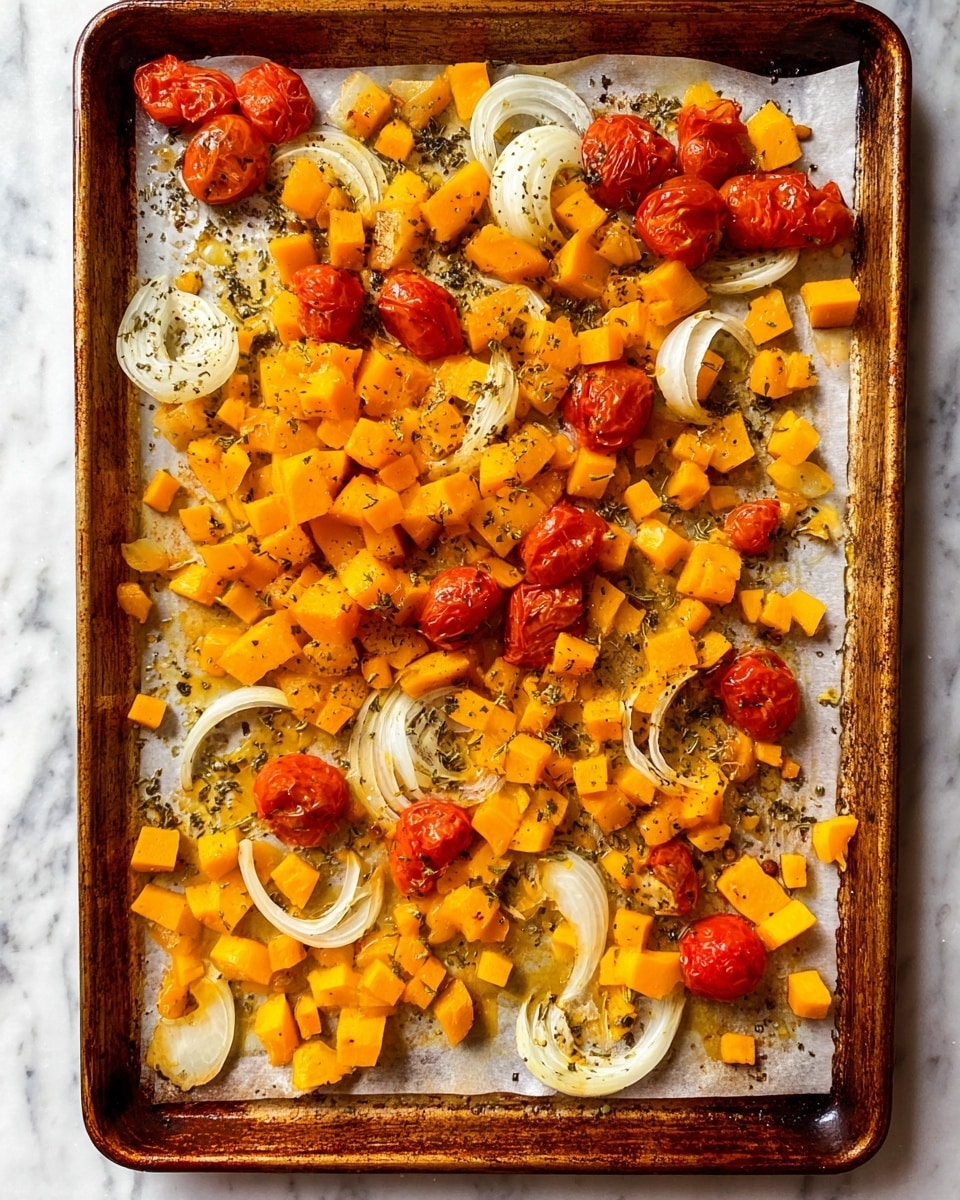 A baking tray lined with white parchment paper holds a single layer of small, bright orange cubed squash spread evenly across the surface. Scattered among the squash are thin, curved slices of pale yellow onion with a translucent texture, and halved cherry tomatoes that are deep red with slightly softened, wrinkled skin. The vegetables are sprinkled with black pepper and green dried herbs, providing speckled green and black accents across the vibrant orange and red colors. The tray itself is rusty brown with worn edges, placed on a white marbled surface. photo taken with an iphone --ar 4:5 --v 7