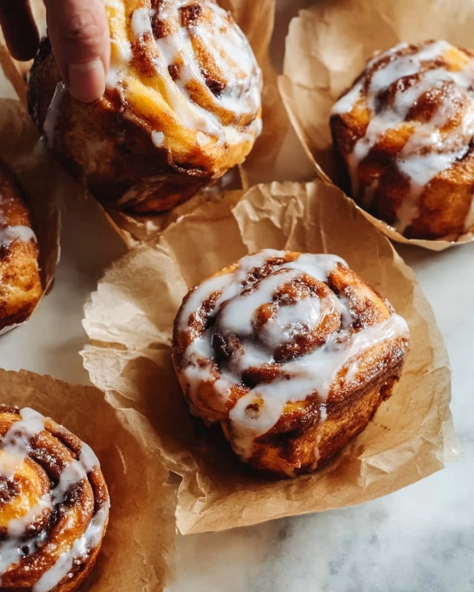 The image shows multiple cinnamon rolls wrapped in brown parchment paper, sitting on a white marbled surface. Each roll has several visible layers of soft dough with a golden brown color, swirled with dark cinnamon filling. On top, white glaze is drizzled unevenly, some dripping down the sides of the rolls. A woman's hand is reaching towards one of the rolls in the upper left corner. The scene has a warm and cozy feeling with the focus on the texture of the cinnamon rolls and glossy glaze. photo taken with an iphone --ar 4:5 --v 7