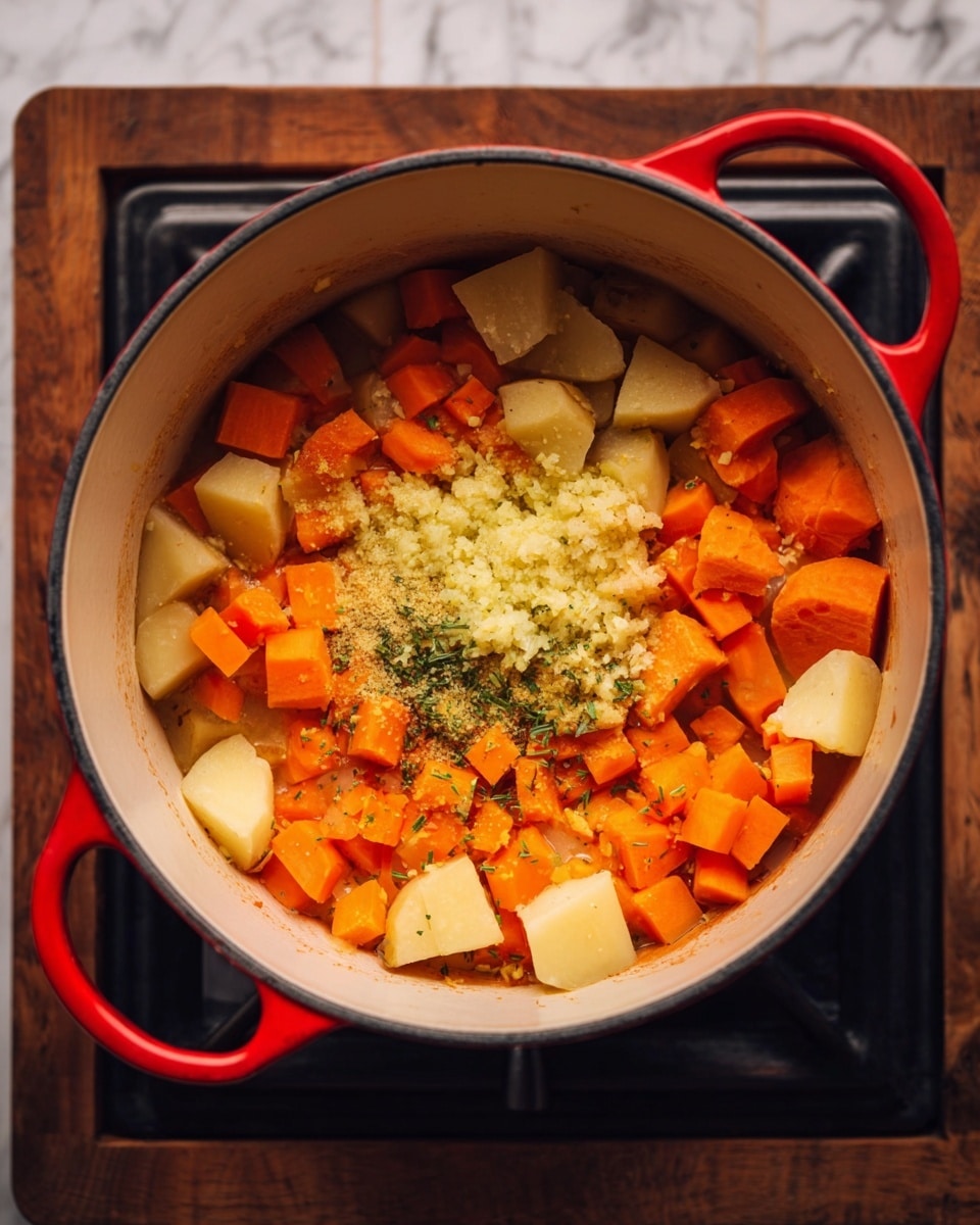 In a large red pot with white inside, there is a mix of chopped vegetables in rough chunks. The base layer has bright orange sweet potatoes and light yellow potatoes mixed with small pieces of orange carrots. On top in the middle, there is a mound of finely grated light yellow ginger with some small green herb pieces sprinkled over it. The pot sits on a stove with a wooden surface around it, but the scene background is changed to a white marbled texture. The colors are warm and vibrant, showing the freshness and texture of the vegetables, with steam rising softly. Photo taken with an iphone --ar 4:5 --v 7