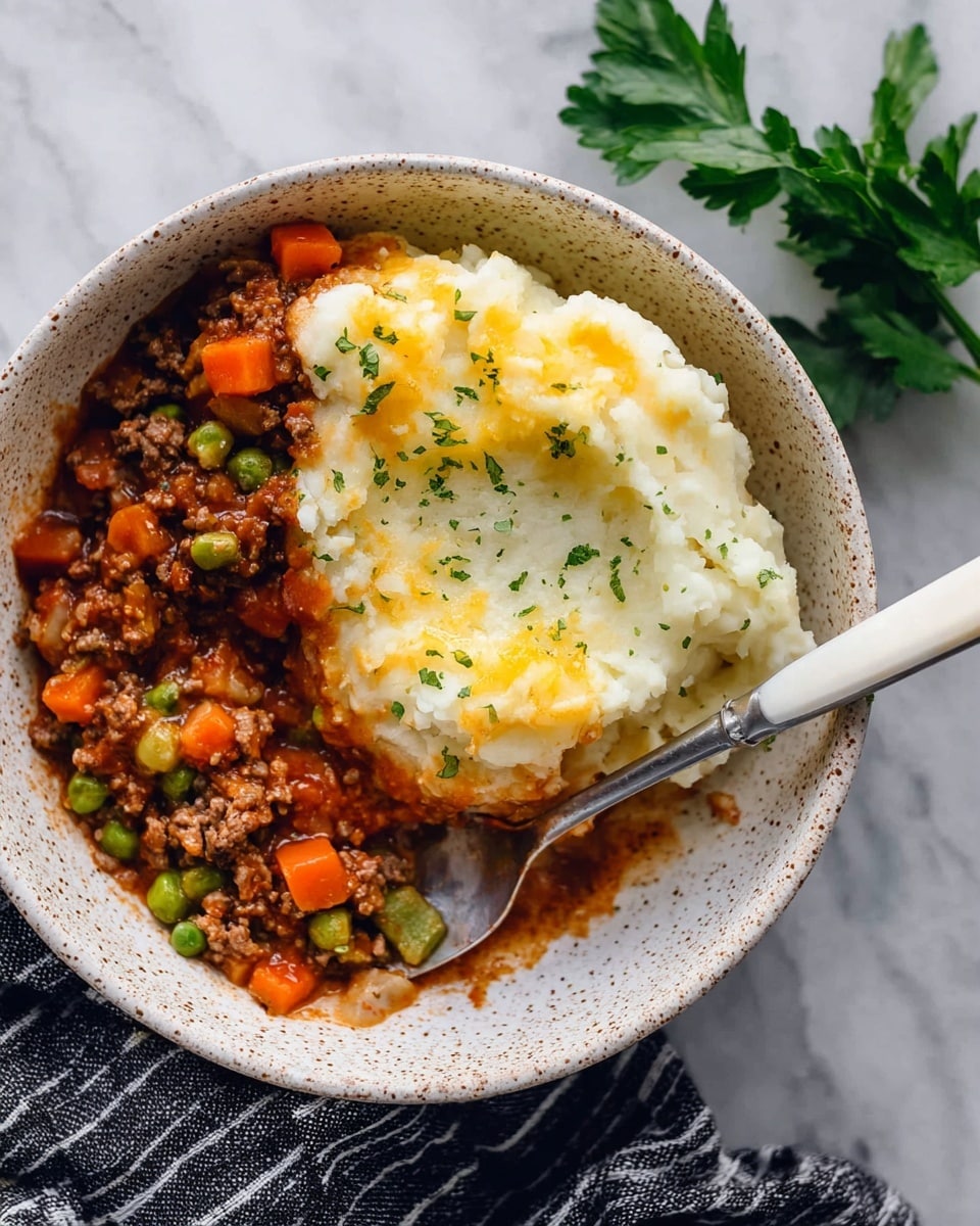A white speckled bowl holds a layered dish with a bottom layer of cooked minced meat mixed with diced bright orange carrots, green peas, and celery in a thick reddish-brown sauce. On top is a thick layer of smooth mashed potatoes, creamy white with a slightly buttery yellow spot and light green herb sprinkles. A silver fork with a white handle rests inside the bowl, partially under the mashed potatoes and meat. The bowl sits on a white marbled surface next to a black and white striped cloth and a green parsley leaf. Photo taken with an iphone --ar 4:5 --v 7