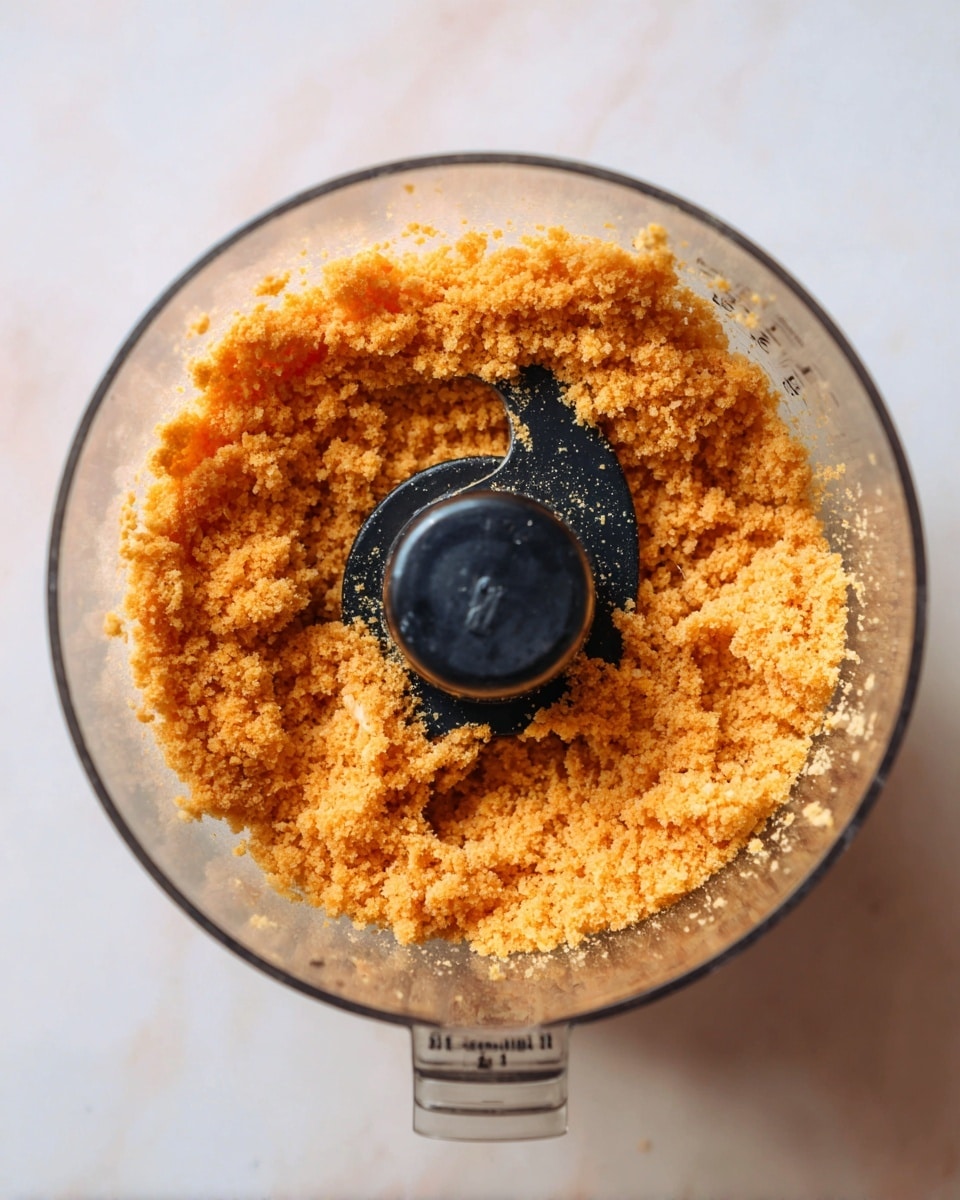The image shows a close-up top view of a clear food processor bowl containing finely crumbled orange mixture with a slightly rough texture. The sharp black blade is centered, coated lightly with bits of the orange crumbly mixture. The bowl is transparent with measurement markings visible on the side. The food processor rests on a white marbled surface with soft natural lighting highlighting the granules' texture. Photo taken with an iphone --ar 4:5 --v 7