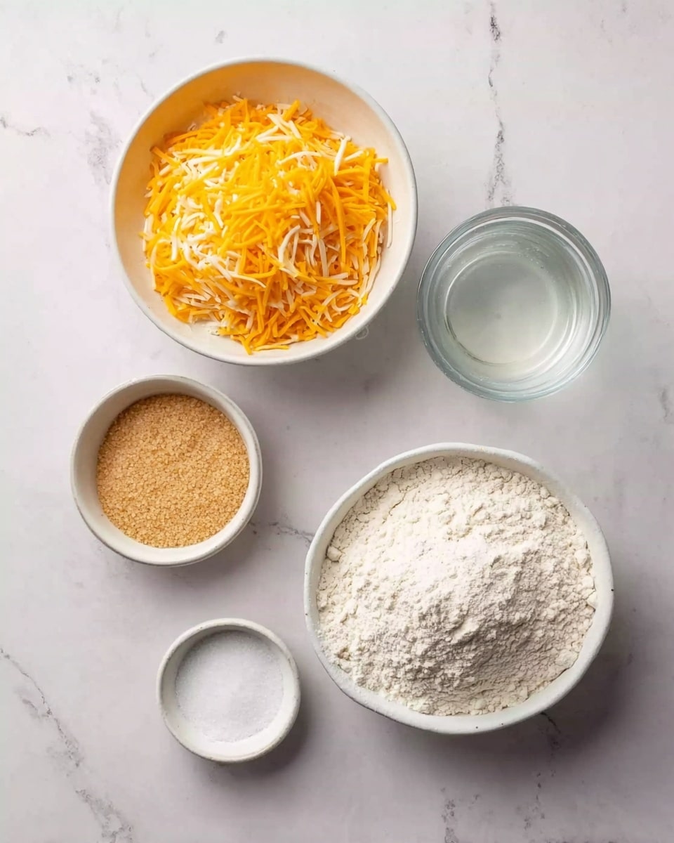 The image shows five white bowls arranged on a white marbled surface. The largest bowl at the bottom right is filled with a fine white flour. Above it, there is a medium bowl filled with a mix of shredded yellow and white cheese. To the left of the cheese bowl, there is a small bowl containing light brown granules, likely yeast, and another small bowl holding white granules, probably salt. To the right of the yeast bowl, there is a medium bowl containing a clear liquid, likely water. The bowls are neatly placed and the colors vary from white flour, yellow-orange cheese, light brown yeast, white salt, and clear liquid. photo taken with an iphone --ar 4:5 --v 7