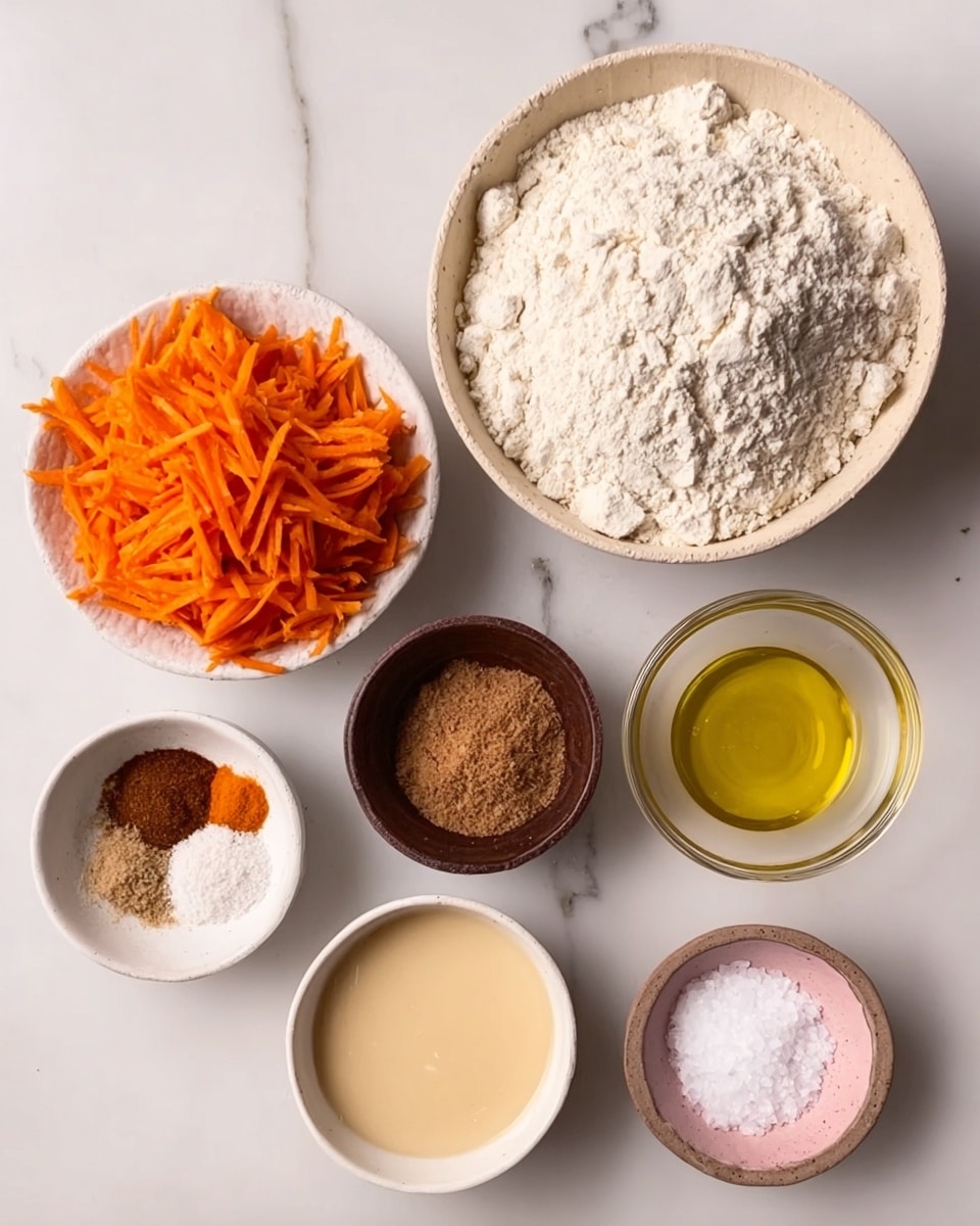 The image shows seven bowls arranged on a white marbled surface, each filled with different ingredients. There is a large round beige bowl filled with white flour at the top right. Below it and to the left is a white bowl with bright shredded orange carrots, shaped like a flower. In the middle is a small dark brown bowl containing brown sugar. To the right of this is a small clear bowl holding a golden-yellow liquid, likely oil. Above the oil is a small white bowl with a creamy beige liquid, likely a wet ingredient. On the far left near the bottom is a white bowl divided into sections, holding three spices in different shades of brown, beige, and reddish-brown. Next to it on the right is a tiny pink bowl with fine white salt. The bowls are all neat and clean, placed with some space between them. photo taken with an iphone --ar 4:5 --v 7