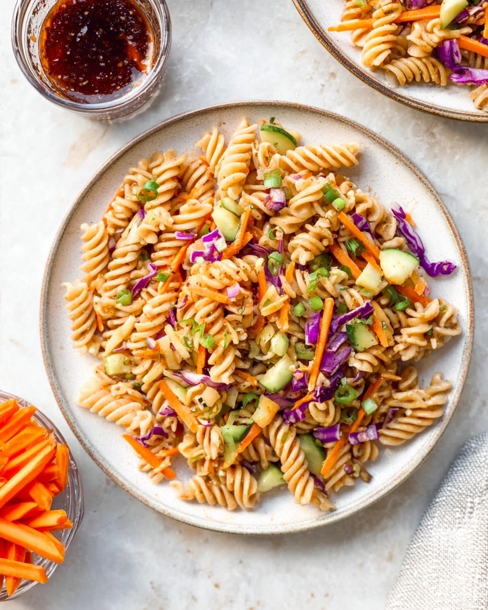 A round white plate sits on a white marbled surface, filled with three main layers of food: the bottom layer consists of spiral-shaped pasta in a light brown color, scattered evenly; mixed within and above the pasta are thin strips of orange carrots and small chunks of light yellow cucumber, adding bright pops of color; finely chopped purple cabbage pieces and small green onion slices are spread throughout, creating a colorful and fresh look with varied textures. Nearby, a small glass bowl with a dark red sauce and another bowl filled with orange carrot sticks are partially visible. The whole scene is bright and fresh, photo taken with an iphone --ar 4:5 --v 7