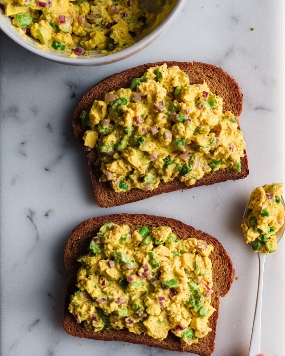 The image shows two slices of toasted brown bread placed flat on a white marbled surface. Each slice is generously covered with a thick layer of yellowish egg salad mixed with green chopped spring onions and bits of red onion. The texture looks creamy and chunky with visible small pieces of vegetables spread unevenly. In the upper part of the image, there is a white bowl filled with more of the same egg salad mixture. On the right side, a woman's hand holds a white spoon over the marbled surface, positioned near the lower right corner. The lighting is soft, creating a natural and fresh atmosphere. photo taken with an iphone --ar 4:5 --v 7