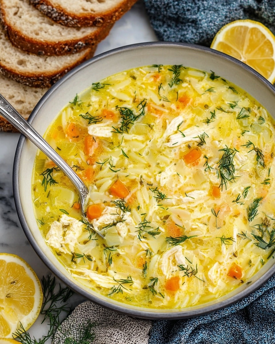 A close-up of a soup in a white bowl filled with a creamy yellow broth mixed with shredded white chicken pieces, small orange carrot cubes, and tiny pale yellow orzo pasta. The soup is sprinkled with fresh green dill and has a silver spoon resting inside. Around the bowl, there are slices of brown crusty bread and two lemon halves, all placed on a white marbled surface with textured light gray and blue cloths beneath the bowl. Photo taken with an iphone --ar 4:5 --v 7