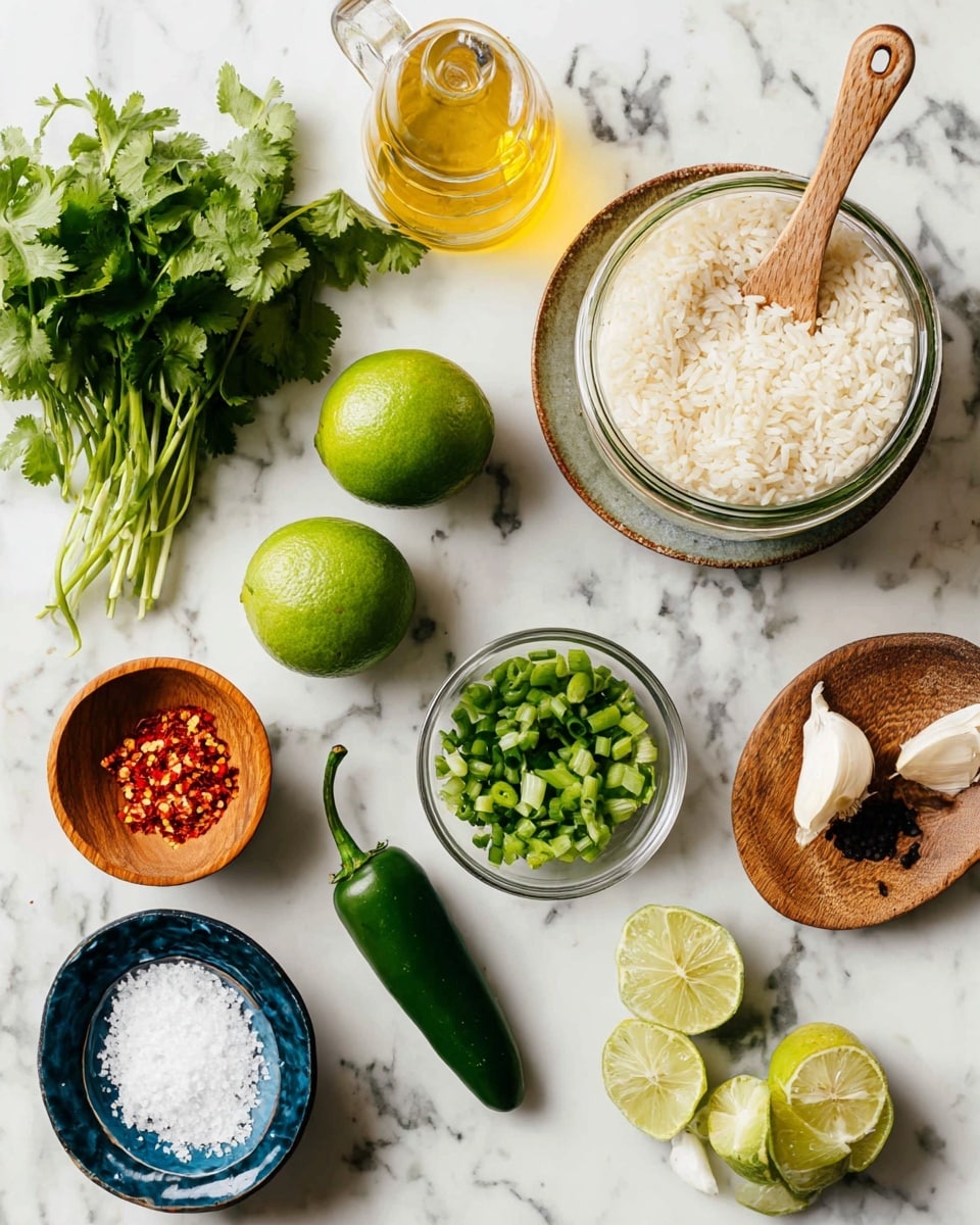 The image shows a top view of ingredients laid out on a white marbled surface. There are two whole green limes and one lime cut in half placed in a round dish. A glass jar is filled with white rice with a wooden spoon inside it. Nearby, a small glass bottle contains yellow oil. A bundle of fresh green cilantro sits in a small wooden bowl, and beside it are two peeled garlic cloves. A small clear bowl holds chopped green onions, while a wooden dish contains red chili flakes. A single green jalapeño pepper is placed near the bottom. A small blue bowl holds white salt. photo taken with an iphone --ar 4:5 --v 7