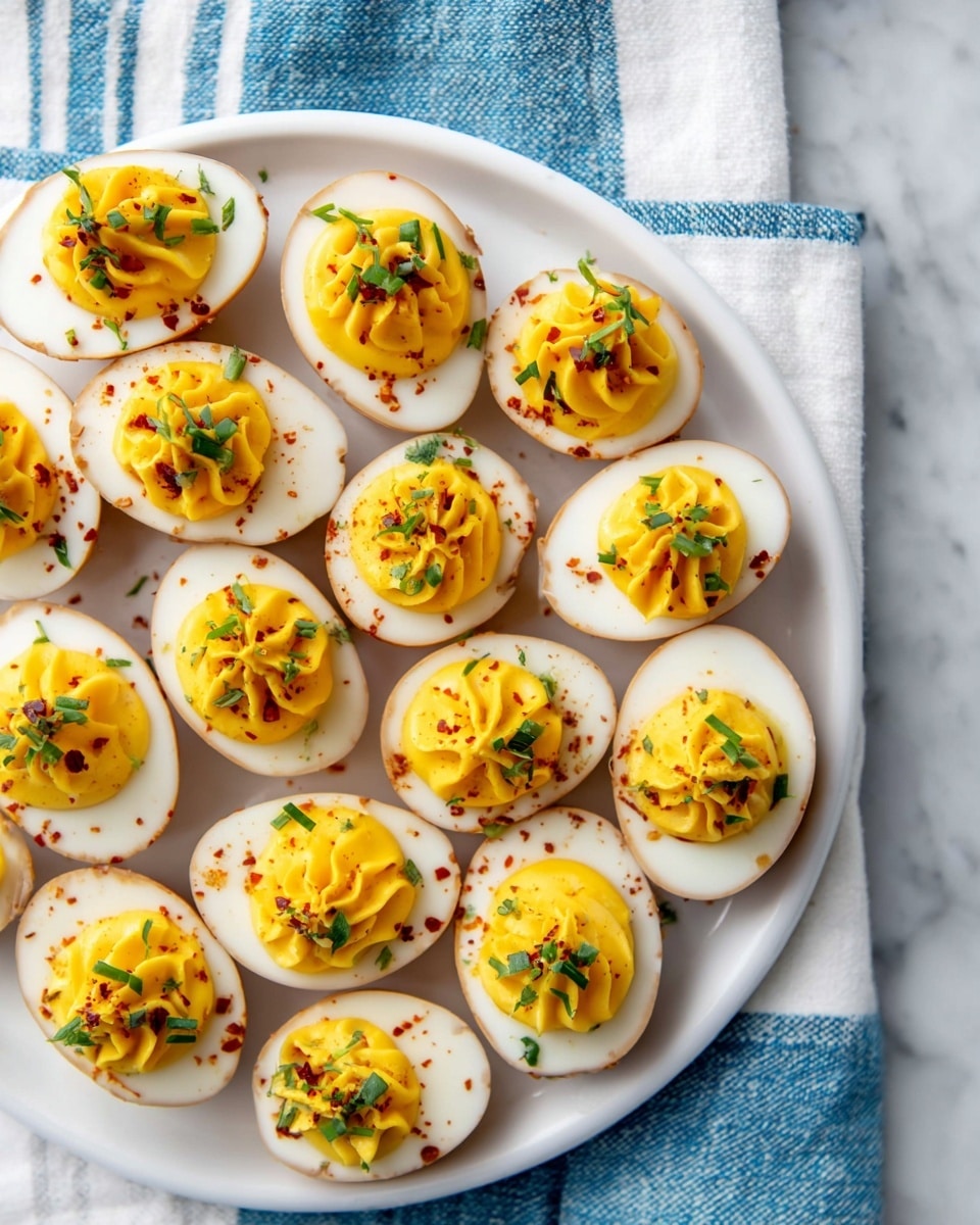 A white plate holds several halves of eggs arranged in a circular pattern. Each egg has two main layers: the outer layer is a firm, light brown shell with smooth white inside, and the inner layer is a bright yellow filling, piped in a swirled, textured shape. On top of each yellow swirl, small green herb pieces and tiny red flakes are sprinkled, adding contrast and color. The plate is placed on a blue and white striped cloth over a white marbled surface. photo taken with an iphone --ar 4:5 --v 7