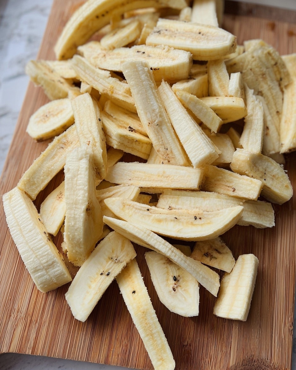 A close-up view of many pieces of peeled and sliced raw plantain on a wooden cutting board. The plantain strips are light yellow with some darker pale brown spots and tiny black seeds visible on some strips. The pieces vary in thickness and length, arranged loosely and overlapping in the center of the board. The background is a white marbled texture. Photo taken with an iphone --ar 4:5 --v 7