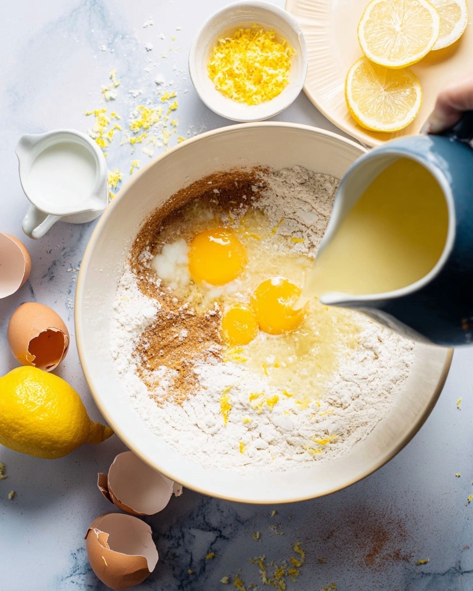 A large white bowl sits on a white marbled surface filled with several baking ingredients. Inside, there are three bright yellow egg yolks sitting on top of a mix of white flour and light brown sugar or cinnamon, with small bright yellow lemon zest scattered across. A pale liquid, likely milk, covers some parts of the mixture. A woman's hand is pouring a thick yellow liquid from a white and dark blue pitcher into the bowl. Surrounding the bowl are a small white bowl filled with lemon zest, a small glass container of white liquid, lemon slices resting on a beige plate, and cracked light brown eggshells on the white marbled background. photo taken with an iphone --ar 4:5 --v 7