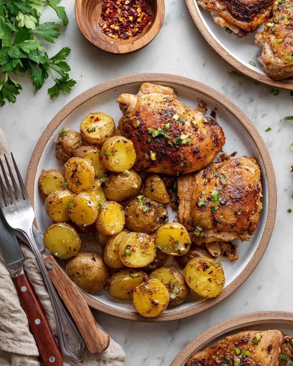 A round white plate filled with four browned cooked chicken pieces placed on the top half, each piece showing a crispy texture with small green herb bits. The bottom half of the plate holds many small halved golden-brown roasted potatoes with a slightly charred surface and some sprinkled herbs. The plate sits on a white marbled surface with a silver fork and knife with wooden handles on the left side, a few green parsley leaves to the top left, and a small round wooden bowl with red chili flakes near the top center. Another white plate with similar food is partially visible on the top right. photo taken with an iphone --ar 4:5 --v 7