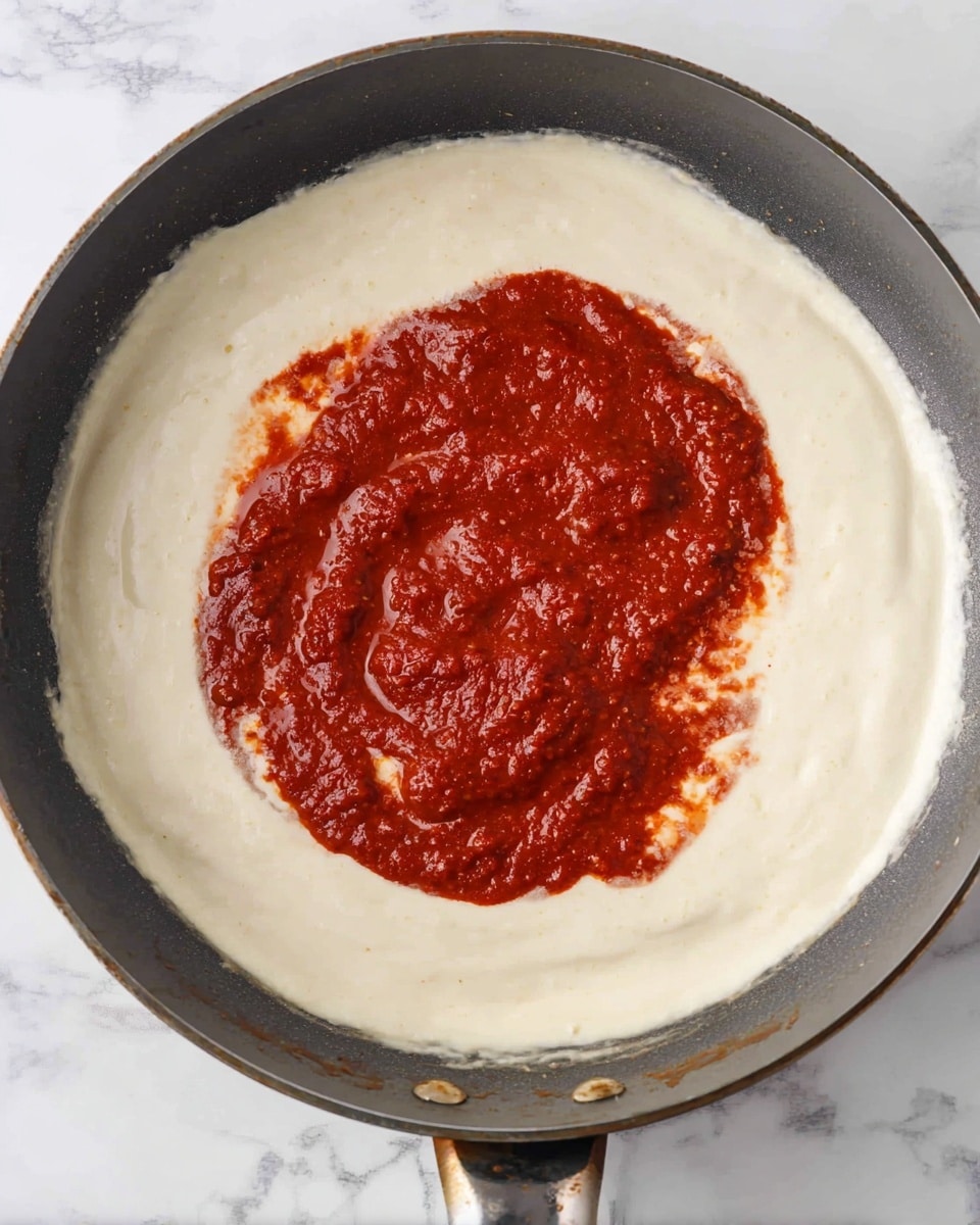 The image shows a cooking pan with two main layers of sauce inside. The first layer is a creamy, smooth white sauce that covers the whole base of the pan except the center. On top of this white sauce, in the center, there is a thick red sauce with a slightly chunky texture. The red sauce is spread in a circle shape but does not reach the pan edges, blending gently into the white sauce around it. The pan has a dark gray interior, and the whole scene sits on a white marbled surface. photo taken with an iphone --ar 4:5 --v 7