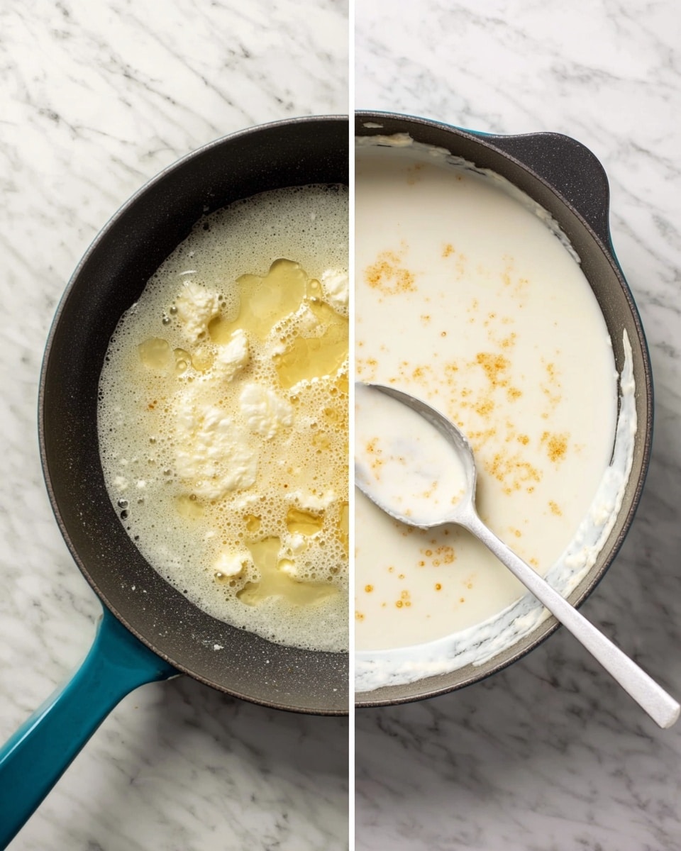 The image shows two photos side by side of a dark pan with a teal handle sitting on a white marbled surface. The left photo shows a bubbling mixture of melted butter with small clumps in the center, surrounded by a light yellowish foam. The right photo shows a creamy white liquid with small golden spots on the surface in the same pan, with a white spoon resting inside and slightly coated with the mixture. photo taken with an iphone --ar 4:5 --v 7