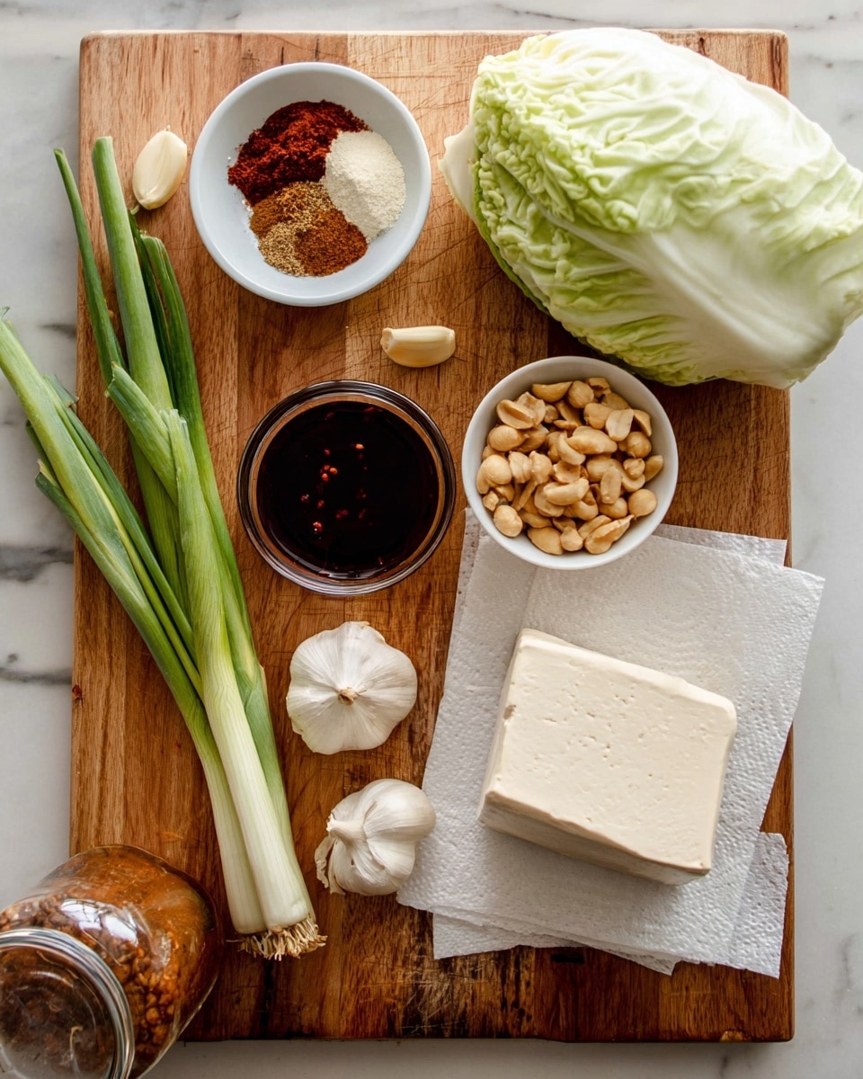 The image shows a wooden board with various cooking ingredients neatly arranged on it. On the left side, there is a small white bowl with ground spices including brown and reddish powders, below it is a glass jar filled with a brown liquid. Nearby are two peeled garlic cloves. In the center, two long green onions lay diagonally from bottom left to top right. A small glass bowl filled with dark red chili oil is placed just above a white bowl of roasted peanuts. On the right side, there is a whole pale green cabbage resting partly on a white paper towel, next to a block of soft beige tofu also sitting on a white paper towel. The background is a white marbled surface. photo taken with an iphone --ar 4:5 --v 7