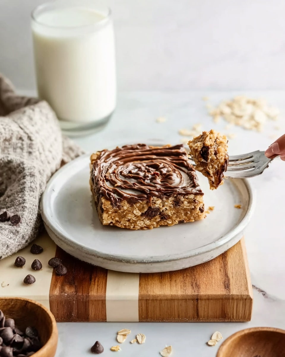 The image shows a white round plate with two layers of a dessert bar. The base layer is dense and crumbly with a golden brown color, mixed with oats and chocolate chips. The top layer is drizzled with melted milk chocolate swirls, adding a glossy texture. A silver fork is resting on the plate with a piece of the dessert bar held by a woman's hand. The plate is placed on a wooden board with a light and dark wood checkered pattern, which sits on a white marbled surface. Around the scene, there is a glass cup filled with milk, a small wooden bowl with more chocolate chips, and some scattered oats and chocolate chips for decoration. Photo taken with an iphone --ar 4:5 --v 7