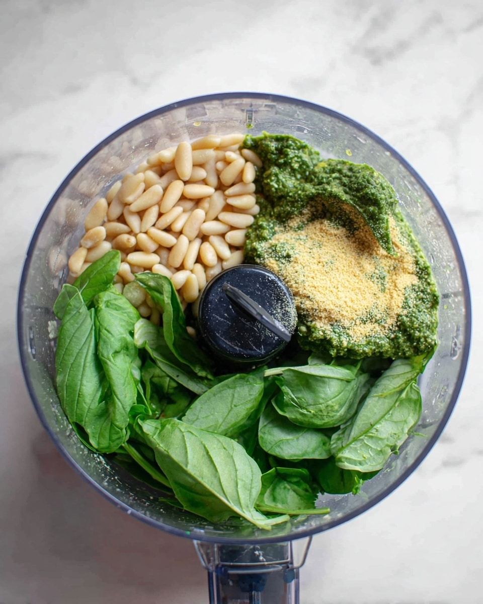 Inside a clear food processor bowl, three main layers are visible from above: on the left, a cluster of small, pale tan pine nuts; on the right top side, a dusting of light yellow powder over bright green fresh basil leaves; and covering the bottom center and right, large, shiny dark green basil leaves. The black central blade piece stands out in the middle, contrasting with the fresh ingredients. The scene is set on a white marbled surface. photo taken with an iphone --ar 4:5 --v 7