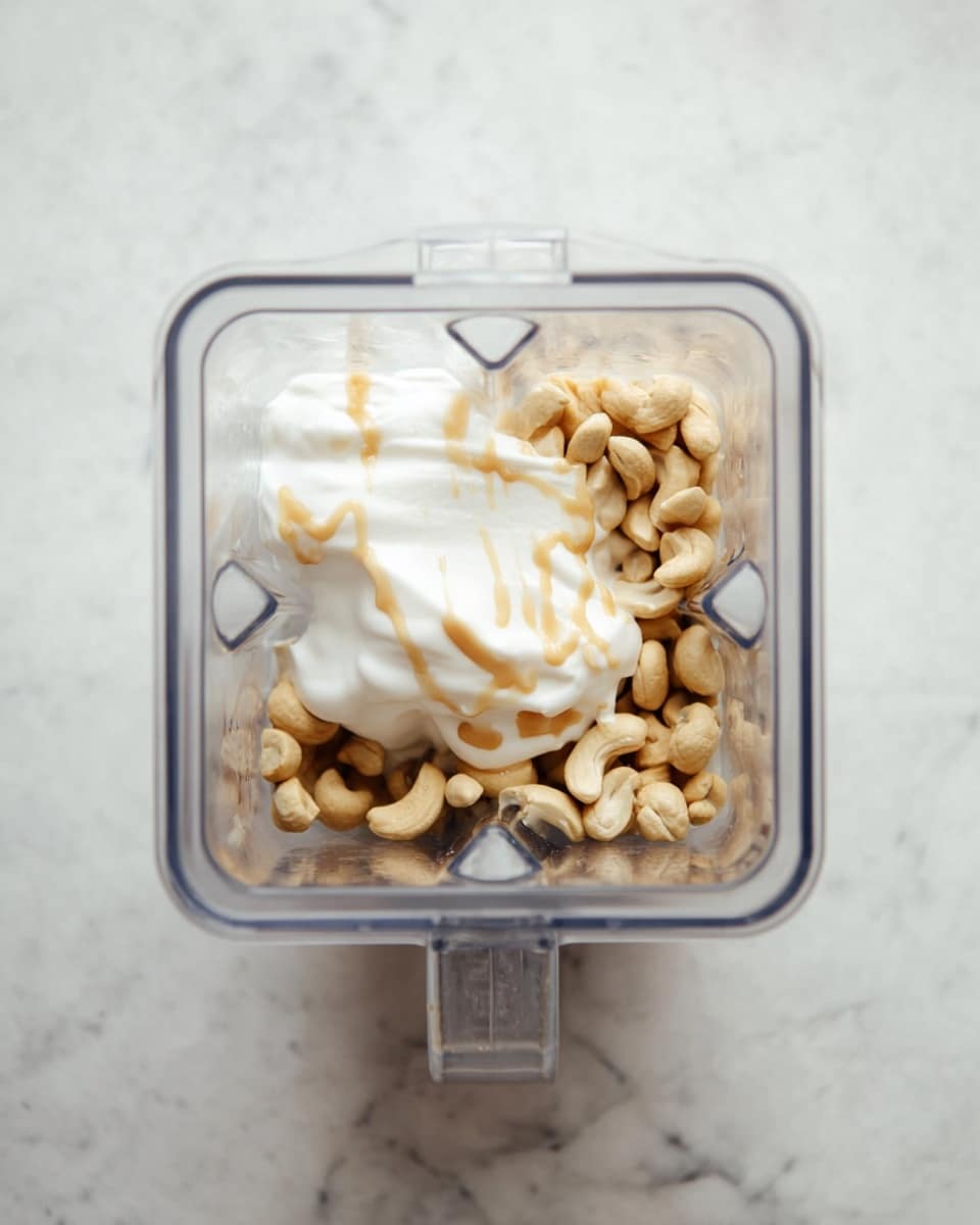 A clear blender container sits on a white marbled surface, filled with two visible layers: the bottom layer is a pile of light beige cashew nuts, and the top layer is a dollop of thick, white cream with a thin drizzle of light brown syrup on top. The image is taken from above, showing a close-up view inside the square-shaped blender container. photo taken with an iphone --ar 4:5 --v 7