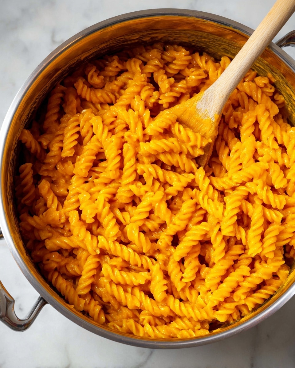 A close-up view of a white bowl filled with spiral pasta coated in a smooth, bright orange butternut squash sauce. The pasta is heaped high in the bowl with small grains of light-colored grated cheese sprinkled evenly on top. A silver fork is partially visible on the right side, resting inside the bowl. The bowl sits on a white marbled surface with a soft, blurred gray background. The lighting highlights the creamy texture of the sauce and the slight shine on the pasta. Photo taken with an iphone --ar 4:5 --v 7