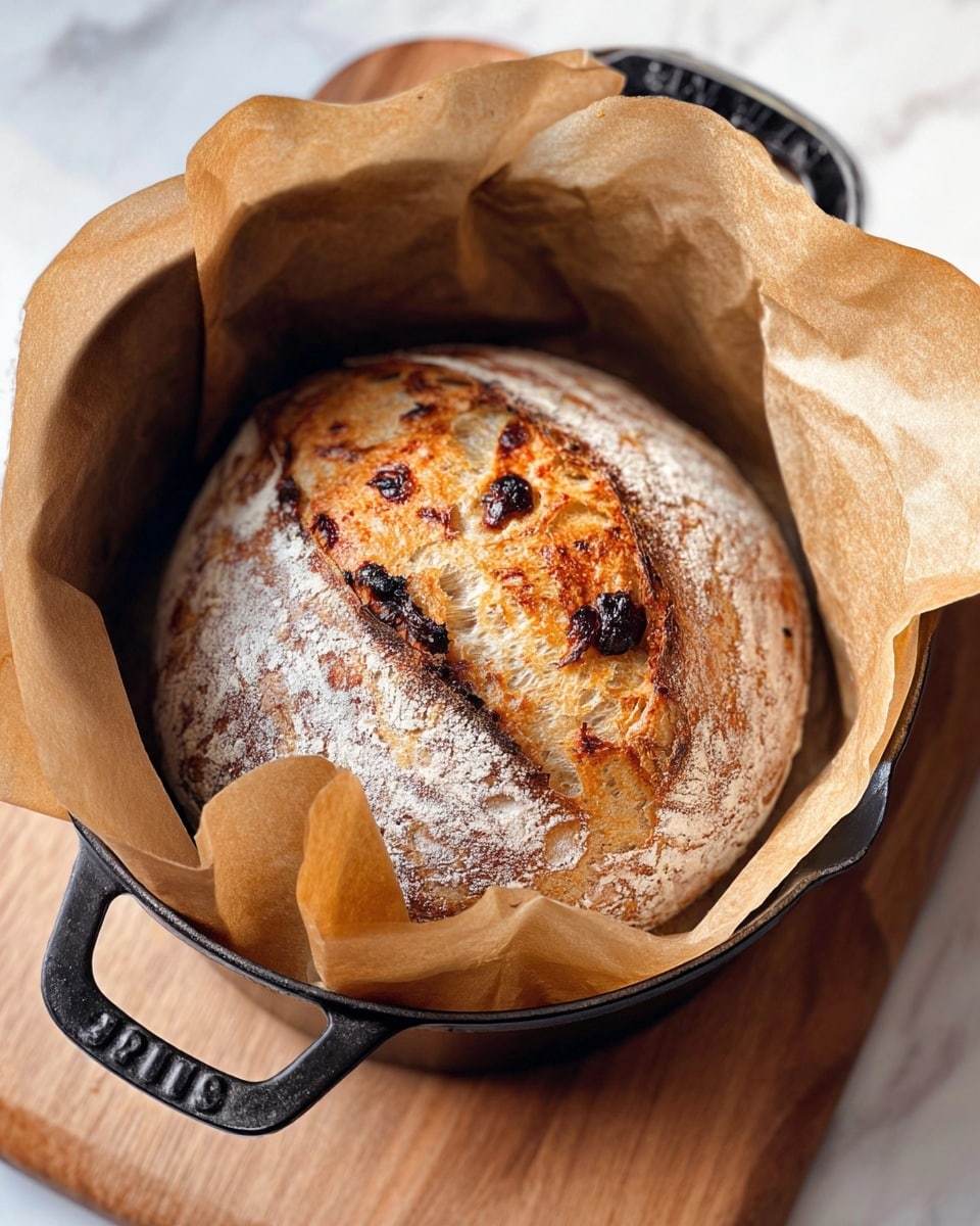 A round loaf of bread with a crisp, golden brown crust sits inside a round black cast iron pot lined with light brown parchment paper. The top of the bread has dark toasted spots and some light flour dusting, showing a rough and rustic texture with a split pattern. The pot is on a light wooden board which rests on a white marbled surface. The scene is brightly lit, highlighting the warm tones of the bread and the soft folds of the parchment paper. photo taken with an iphone --ar 4:5 --v 7