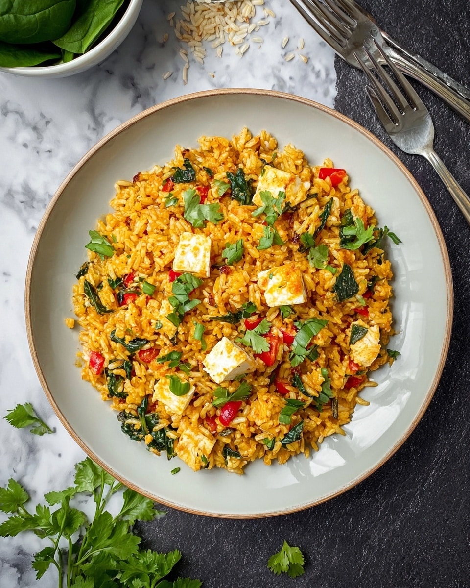 A round white plate filled with three layers of yellow-orange rice mixed with chopped green leaves and small bits of red peppers, evenly scattered throughout; large chunks of white cheese cubes are placed on top and mixed inside, with chopped green herbs sprinkled on the dish; the plate rests on a white marbled surface with some loose rice grains, green spinach leaves in a white bowl, silver fork and knife to the side, and fresh cilantro sprigs nearby; photo taken with an iphone --ar 4:5 --v 7