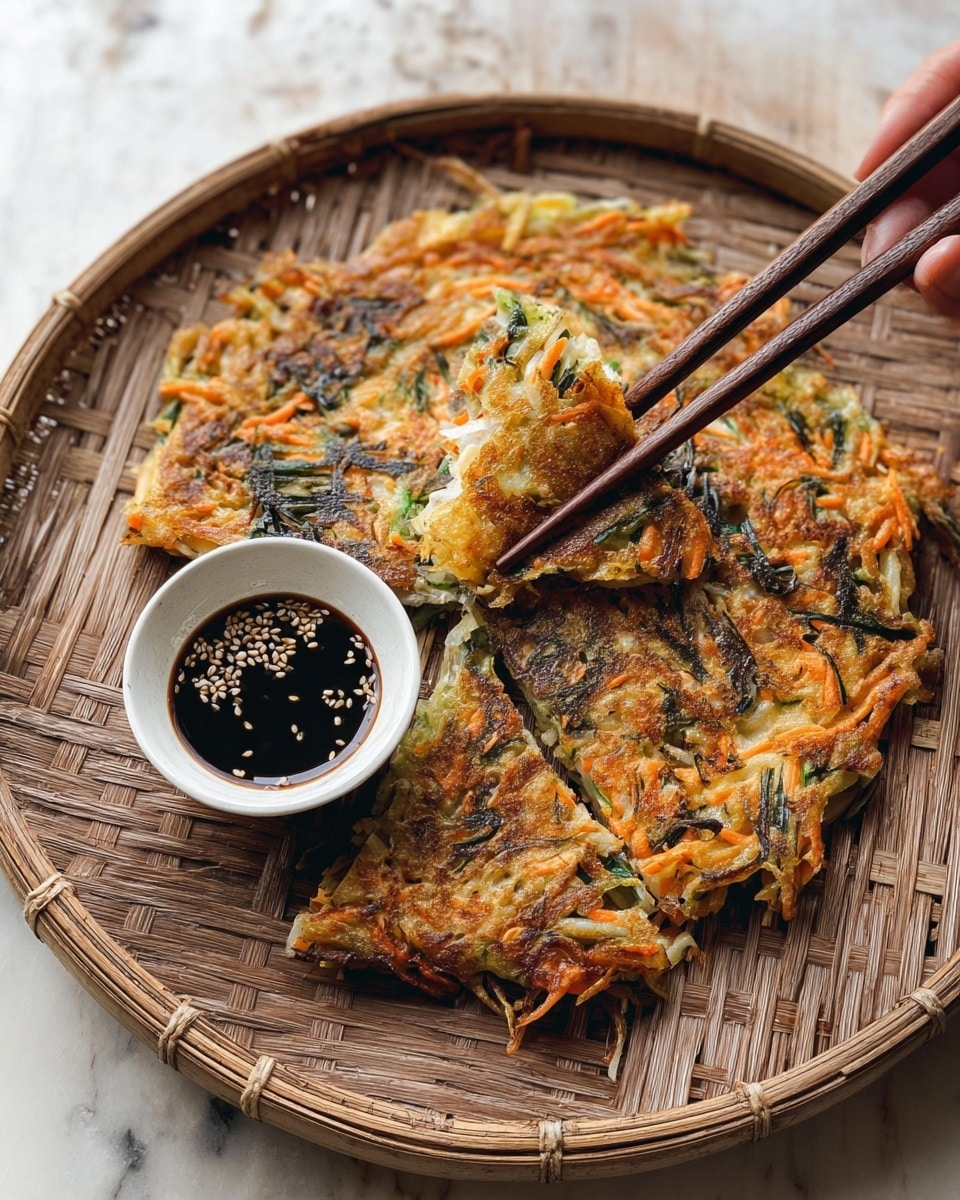 A round crispy pancake with layers of golden brown and orange, mixed with green vegetable pieces and thin dark green strips, placed on a woven tray. The pancake has a bite taken from the edge, revealing a soft inside with shredded vegetables in white, orange, and green. Dark brown wooden chopsticks held by a woman's hand pick up a piece from the bite area. Next to the pancake is a small white cup filled with dark soy sauce sprinkled with white sesame seeds. The whole setup is on a white marbled surface. photo taken with an iphone --ar 4:5 --v 7