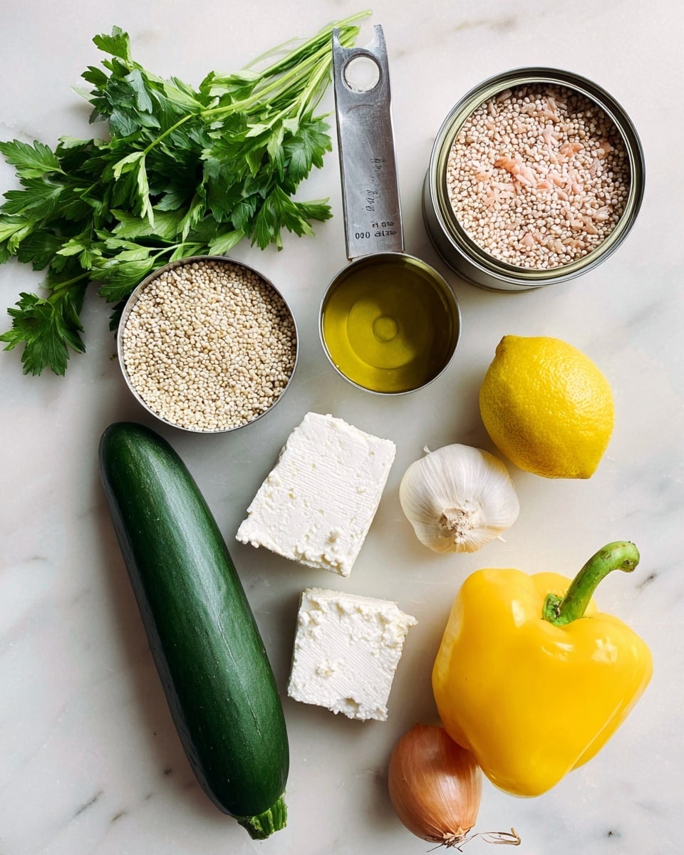 The image shows fresh ingredients arranged on a white marbled surface, including a bunch of green parsley with flat leaves in the top left, a metal measuring cup filled with golden olive oil in the top right, a whole yellow lemon to the right, an opened can of light pink tuna near the lemon, and another measuring cup filled with small, round white quinoa near the center. Below the quinoa is a long dark green cucumber laying diagonally, and next to it at the bottom left are two white blocks of crumbly white cheese with a piece of paper between them. Near the bottom right corner is a round light brown shallot and one white garlic clove. A bright yellow bell pepper with a green stem is placed near the cucumber and cheese. The overall look is clean and fresh, with a variety of textures and natural colors photo taken with an iphone --ar 4:5 --v 7