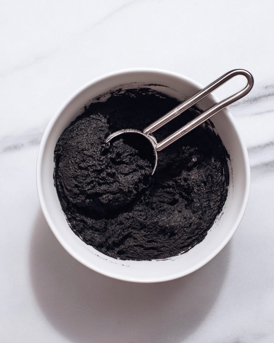 A white bowl filled with a thick, dark black mixture that looks rich and smooth with a slightly rough surface texture. Inside the bowl, there is a metal ice cream scoop with two handles resting on top of the black mixture. The bowl is placed on a white marbled surface. photo taken with an iphone --ar 4:5 --v 7