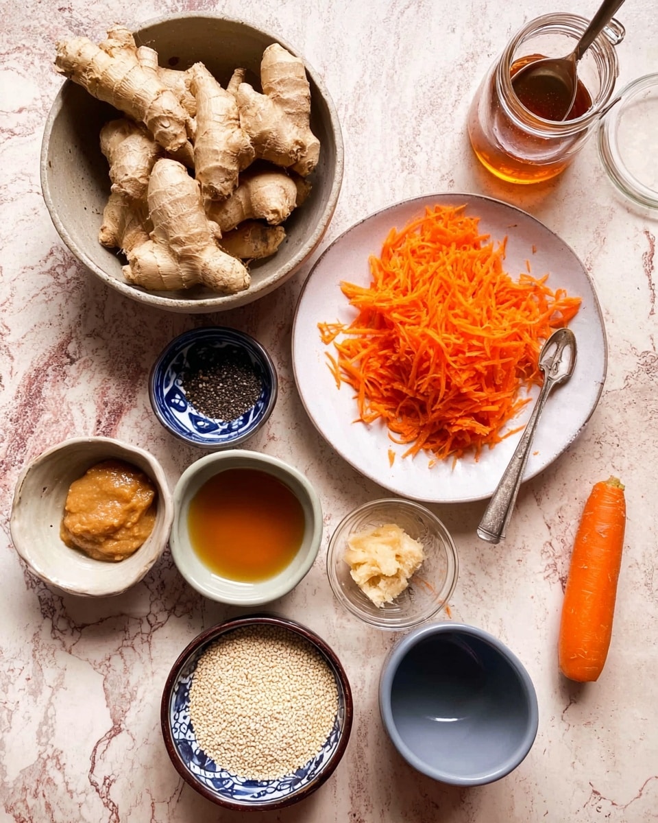 The image shows a top-down view of various ingredients arranged on a white marbled surface. There is a large bowl at the top filled with large pieces of ginger root, rough and knobby in texture. To the right of it is a white plate holding a large pile of bright orange shredded carrot, with a whole carrot piece lying nearby. Below the ginger bowl, several small bowls are lined up: one with black pepper, one with a clear amber liquid, another with light brown thick paste with a spoon in it, a small bowl filled with pale sesame seeds, and two small empty cups one dark blue and one light gray. A small glass jar with brownish liquid and a silver spoon inside is placed at the top right. All ingredients stand out clearly against the smooth white marbled surface photo taken with an iphone --ar 4:5 --v 7