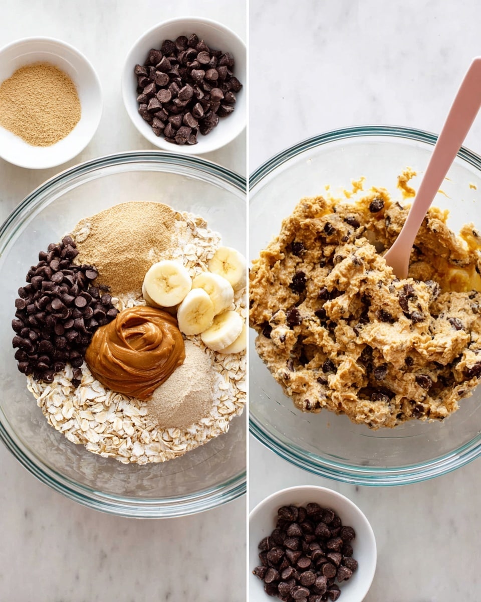 The image shows two glass bowls on a white marbled surface, each containing ingredients for a snack mix. In the left bowl, there are clear layers: the base is light-colored oats, topped with dark chocolate chips, a brown creamy spoonful of peanut butter, mashed pale yellow banana, and a pile of light brown powder, all separate around the bowl's edges. A pale pink spoon rests inside this bowl. The right bowl shows the same ingredients fully mixed into a chunky, textured mixture, blending the light oats and banana with the brown peanut butter and powder, and small chocolate chips spread through the whole mix. Around the bowls are small white dishes holding more dark chocolate chips. photo taken with an iphone --ar 4:5 --v 7