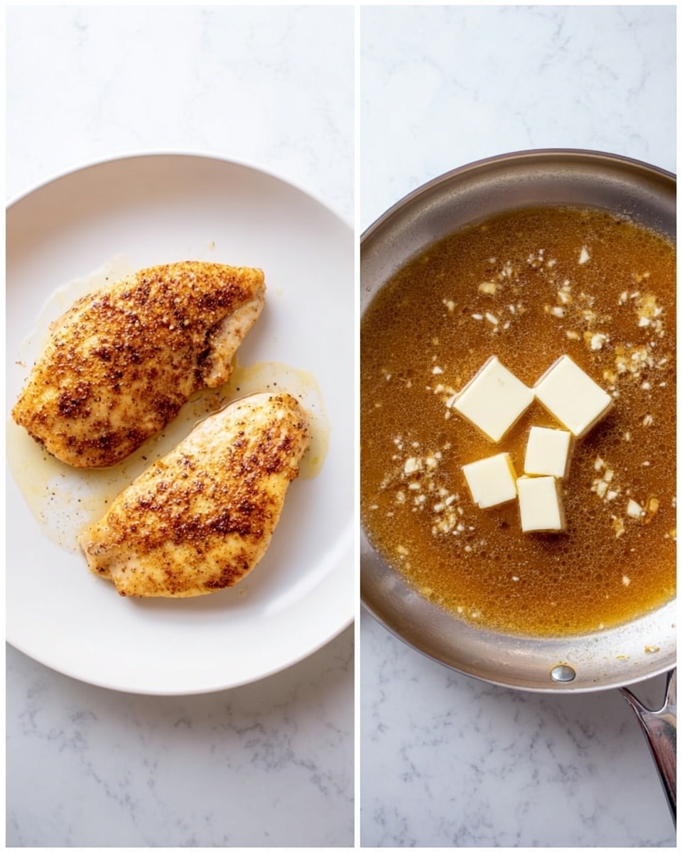 The image shows two parts side by side on a white marbled surface. On the left, there is a white plate with two pieces of cooked golden-brown chicken placed next to each other, both with a slightly crispy texture and some visible spices on top. On the right, there is a silver pan with three small cubes of butter melting in a brown sauce that has small bits, likely garlic or seasoning, spread evenly in the liquid. The overall scene is bright and clean. photo taken with an iphone --ar 4:5 --v 7