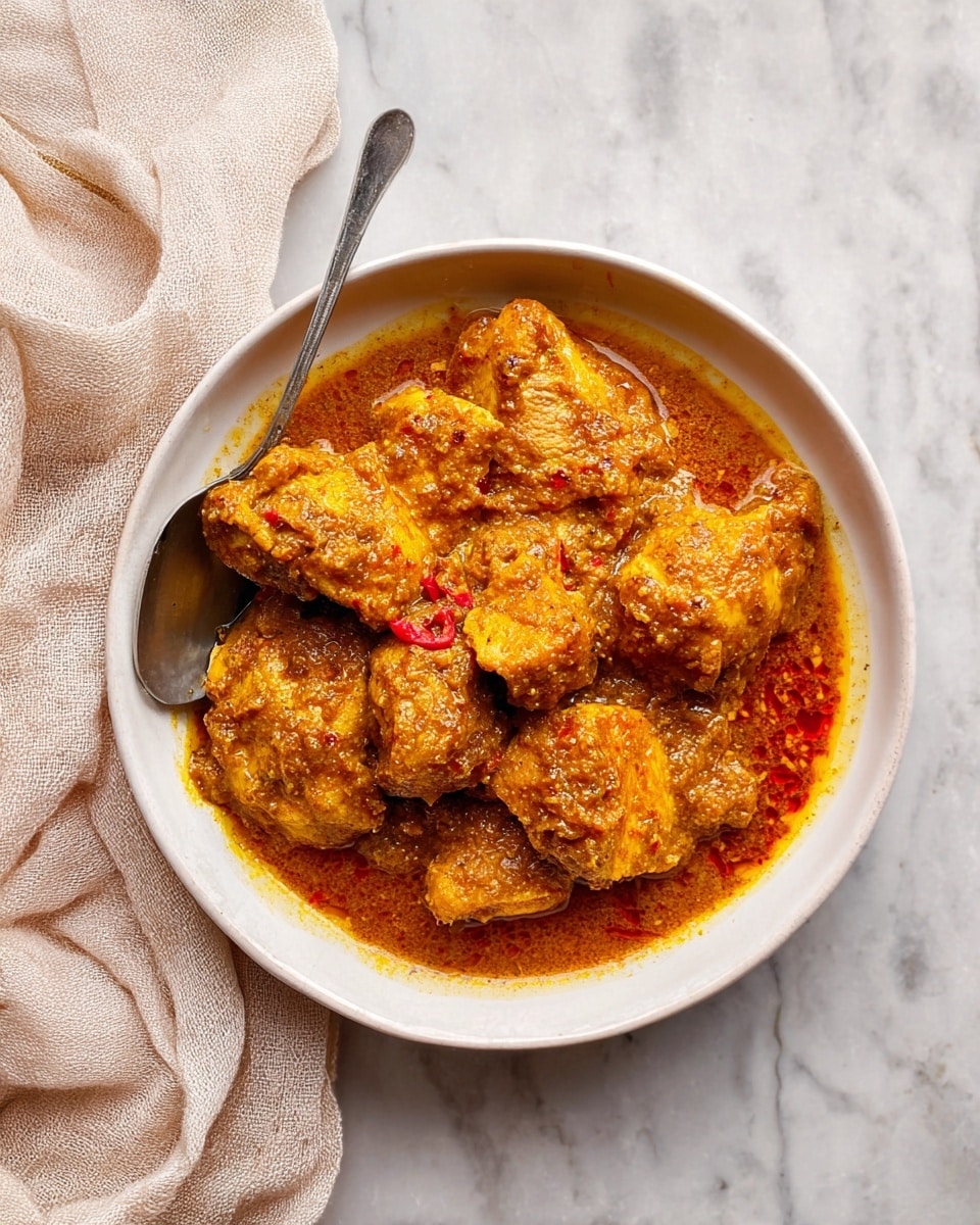 A white bowl filled with several pieces of chicken covered in thick, orange-brown sauce with a slightly grainy texture. The sauce looks rich and oily with visible red oil pooling around the edges. A silver spoon rests on the left side inside the bowl. The bowl sits on a white marbled surface next to a light beige cloth. Photo taken with an iphone --ar 4:5 --v 7