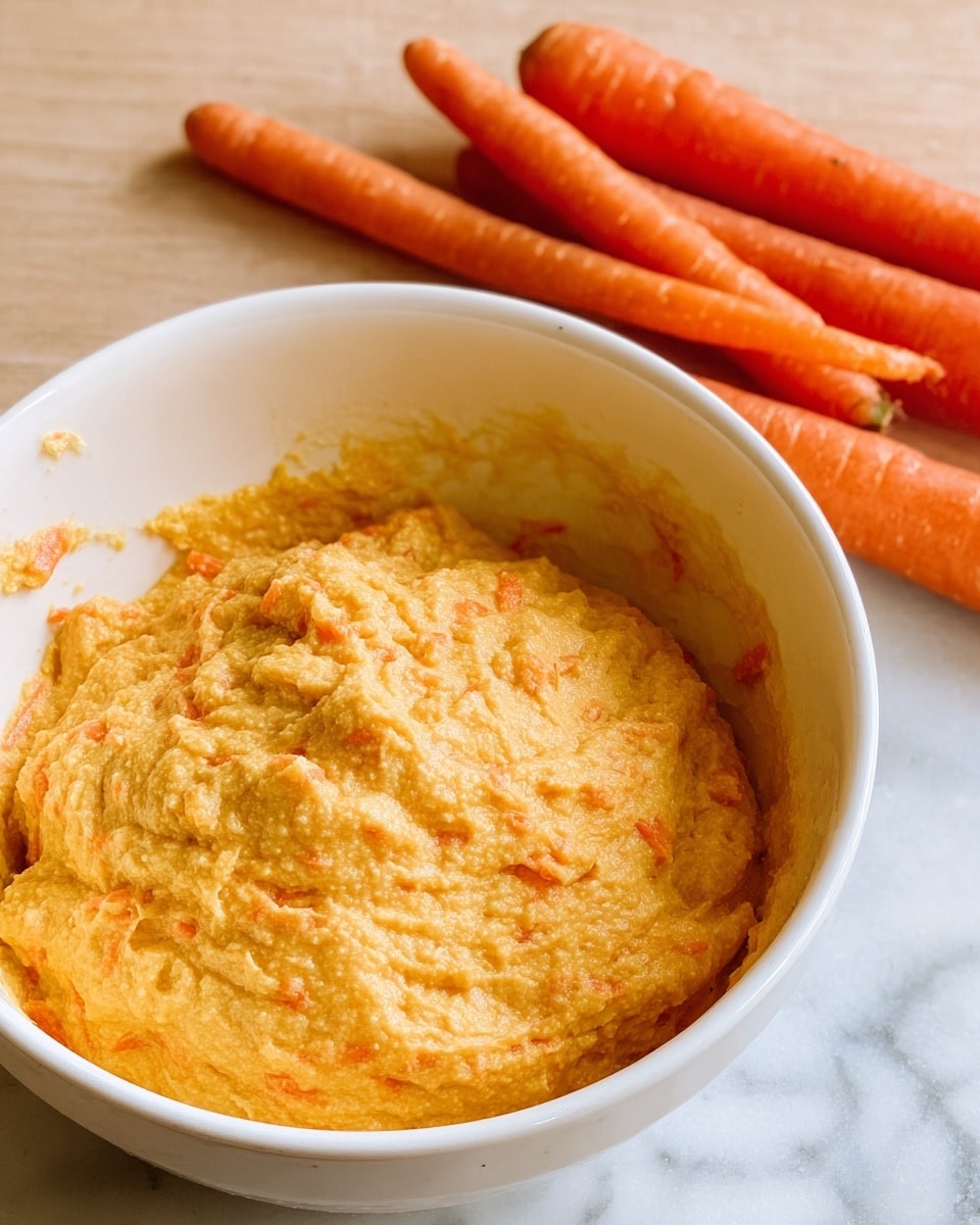 A white bowl filled with thick, creamy orange batter that has small grated carrot pieces mixed throughout, showing a slightly rough texture. The batter fills about half the bowl, with some batter spread thinly on the bowl’s sides. Next to the bowl are three whole carrots, bright orange and fresh, placed on a white marbled surface. The scene is well-lit, highlighting the texture and color contrast between the batter and carrots. photo taken with an iphone --ar 4:5 --v 7