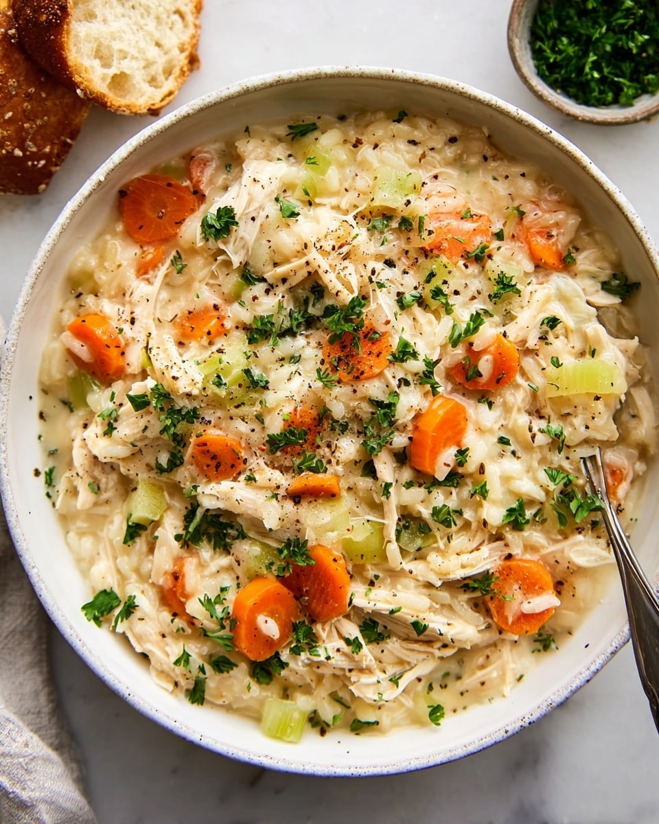 A white bowl filled with a creamy risotto-like dish with three main layers: soft shredded chicken in light beige, chunky bright orange carrot rounds scattered evenly, and pale green celery pieces mixed well inside. The top has finely chopped fresh green parsley and small specks of black pepper adding texture. The bowl sits on a white marbled surface with pieces of torn bread on the top left and a small bowl with chopped herbs blurred in the background on the top right. A woman's hand holding a spoon lightly touches the edge of the bowl on the bottom right. photo taken with an iphone --ar 4:5 --v 7