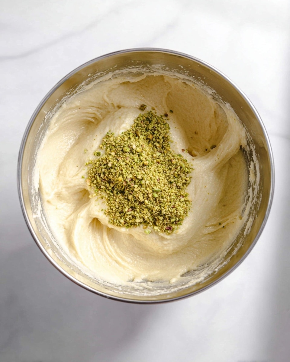 A metal mixing bowl with a thick light cream-colored batter forming soft swirls filling the bowl almost halfway. In the center of the batter, there is a mound of finely chopped green pistachios, contrasting with the smooth creamy texture around it. The bowl is placed on a white marbled surface with soft shadow lines giving a bright, natural light feel. Photo taken with an iphone --ar 4:5 --v 7