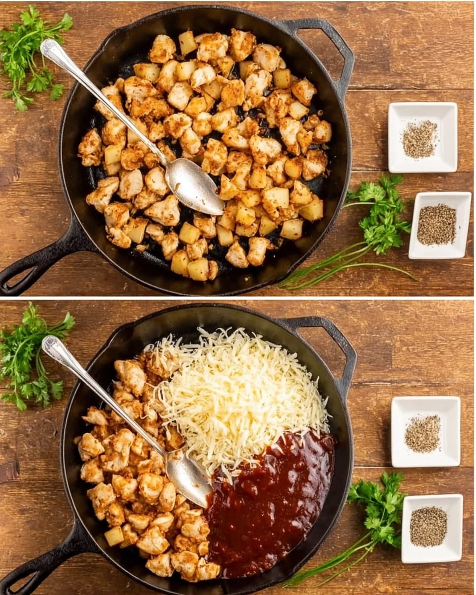 In the first image, a black cast iron skillet sits on a wooden surface, filled with golden-brown cooked small chicken pieces spread evenly across the pan, with a silver spoon resting inside the skillet. The second image shows the same skillet with added diced golden brown potatoes arranged on the left, a pile of shredded white cheese on the right, and a thick dark reddish-brown sauce poured on top center, covering part of the chicken. Fresh parsley sprigs and a small square white dish with pepper are placed around the skillet on the wooden surface. photo taken with an iphone --ar 4:5 --v 7
