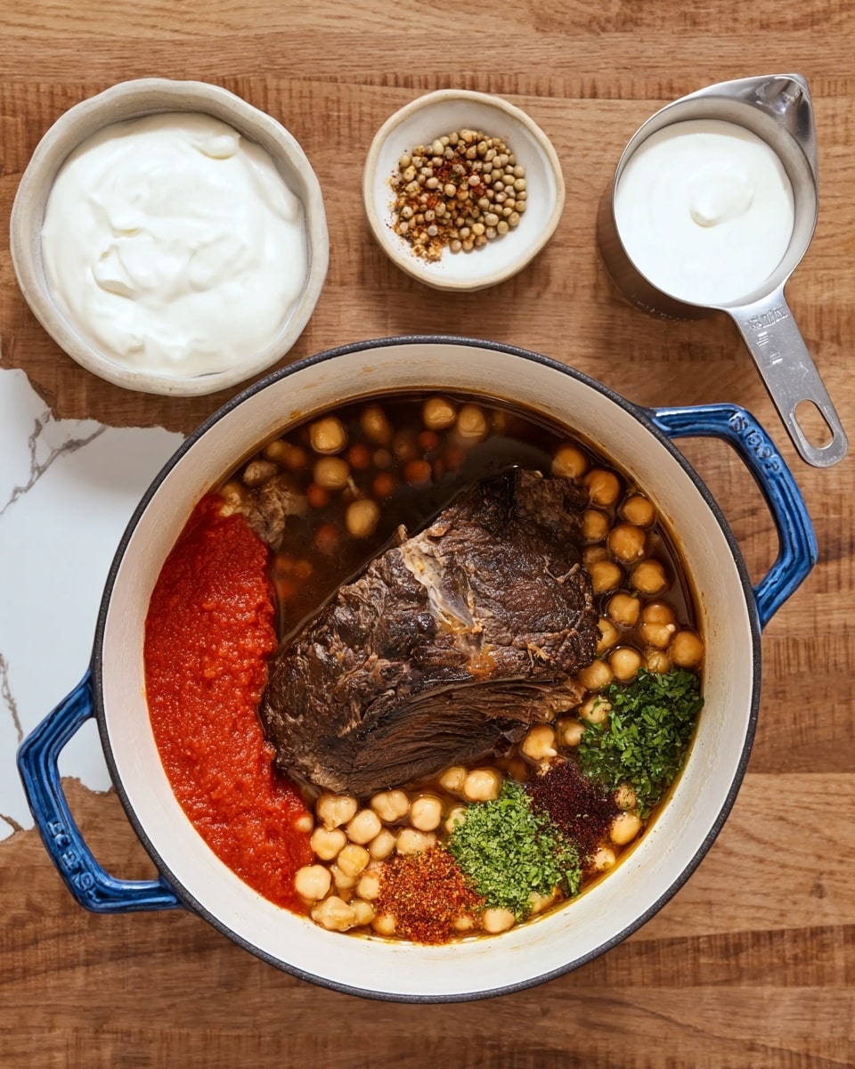 A white pot with blue handles sits on a wooden surface with a white marbled texture. Inside the pot, there is one large dark brown meat piece in the center surrounded by chickpeas and dark brown liquid broth. On the left side of the meat, there is a smooth red sauce layer filling about a quarter of the pot. On the right side of the meat, there are three small piles of chopped green herbs, dark brown seasoning, and red spice, positioned near the chickpeas. To the top right of the pot, a white bowl holds a thick white cream, and beside it, a metal measuring cup contains a smooth white yogurt-like substance. Photo taken with an iphone --ar 4:5 --v 7