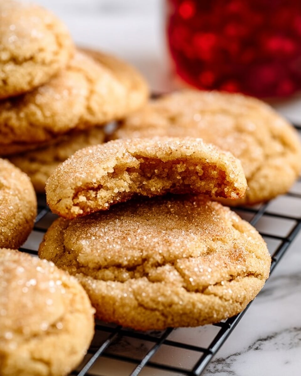 Several light brown cookies with a sugar coating are placed on a black wire cooling rack on a white marbled surface. One cookie is on top, showing a bite taken from the side, exposing a soft and slightly crumbly inside texture. The cookies have slightly cracked surfaces with a sparkling sugar layer. A blurry red glass or jar is in the background. Photo taken with an iphone --ar 4:5 --v 7