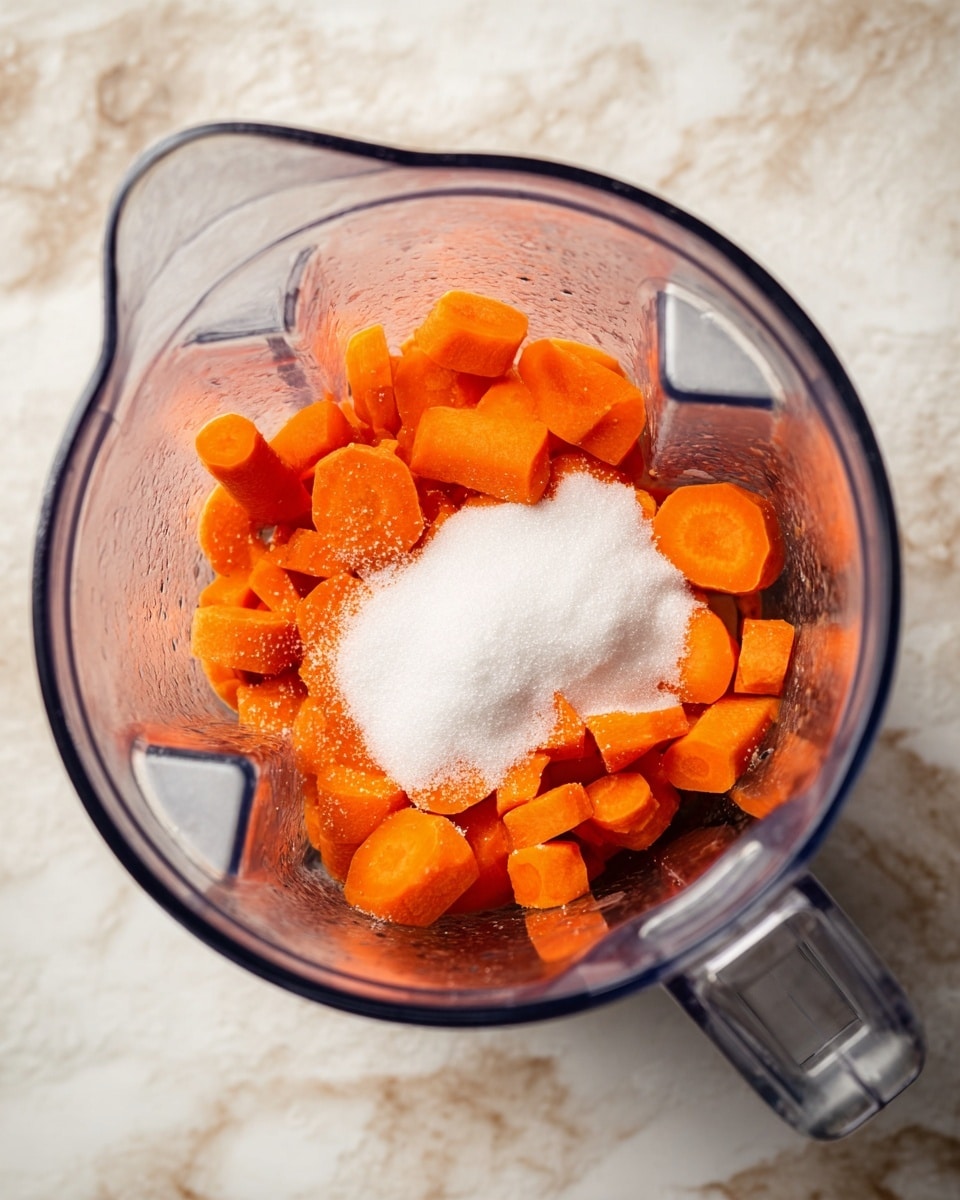 A clear blender jar sits on a white marbled surface, filled halfway with bright orange carrot chunks at the bottom. A mound of white granulated sugar is piled in the center on top of the carrot pieces, creating a strong color contrast. The blender handle is visible on the right side, and light reflects softly off the smooth plastic sides. photo taken with an iphone --ar 4:5 --v 7